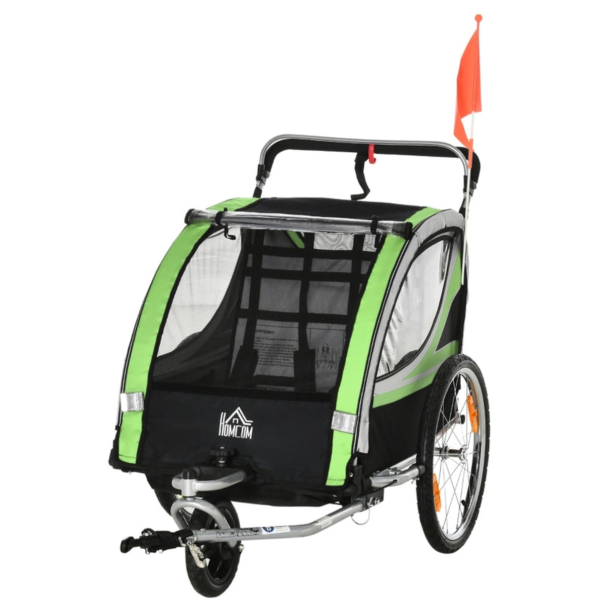2-in-1 Bicycle Trailer, 2 Children, Push-along, Rain Cover, Brake, Green
