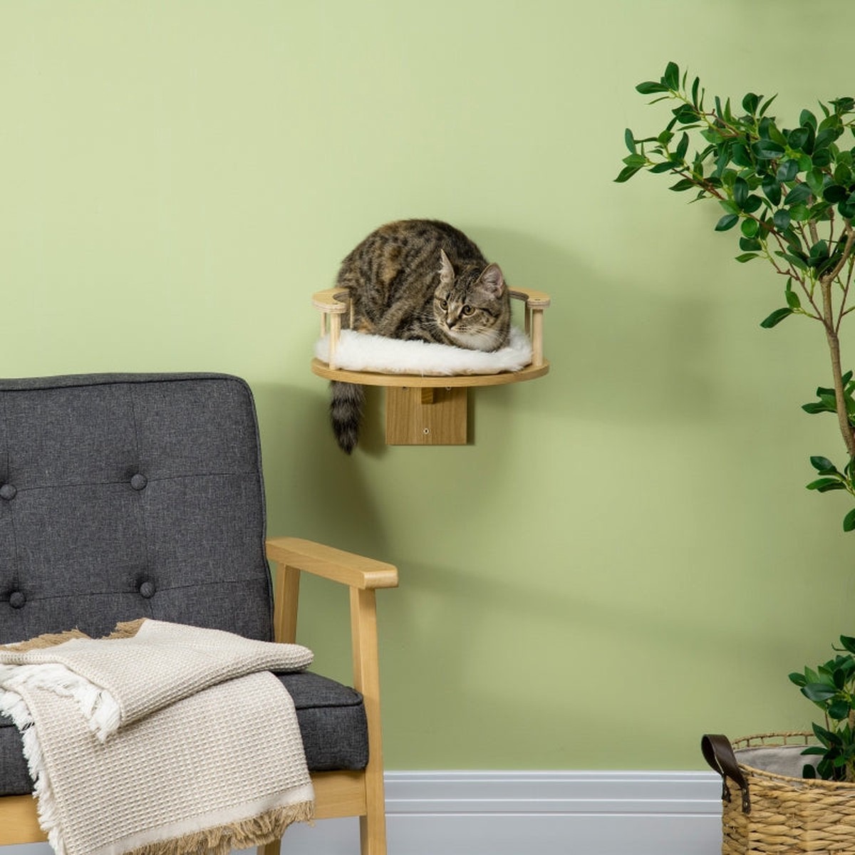 Cat Bed, Wall-Mounted with Cushion, Oak and Cream White