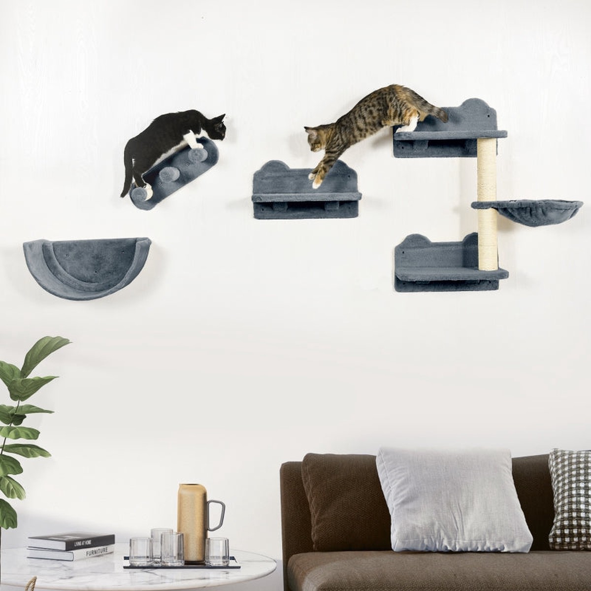 Cat Climbing Wall - 4 Pcs., Scratching Post, Cat Stairs, Hammock, Jumping Platform, Wood