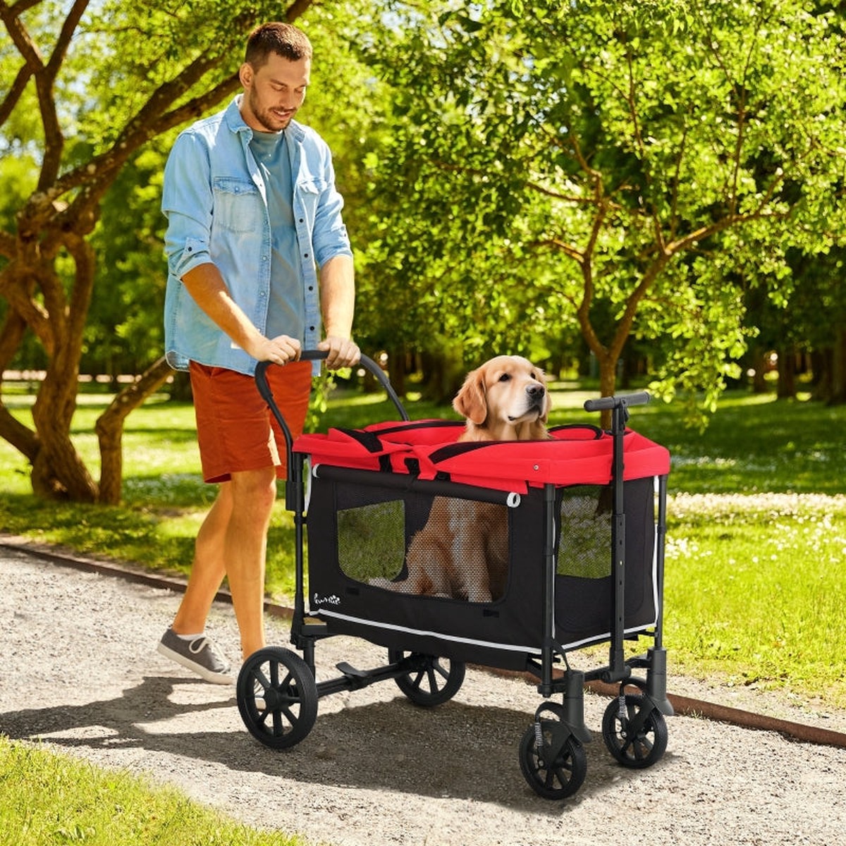 Dog Stroller, Foldable Buggy for Dogs & Cats, up to 30 kg, Red