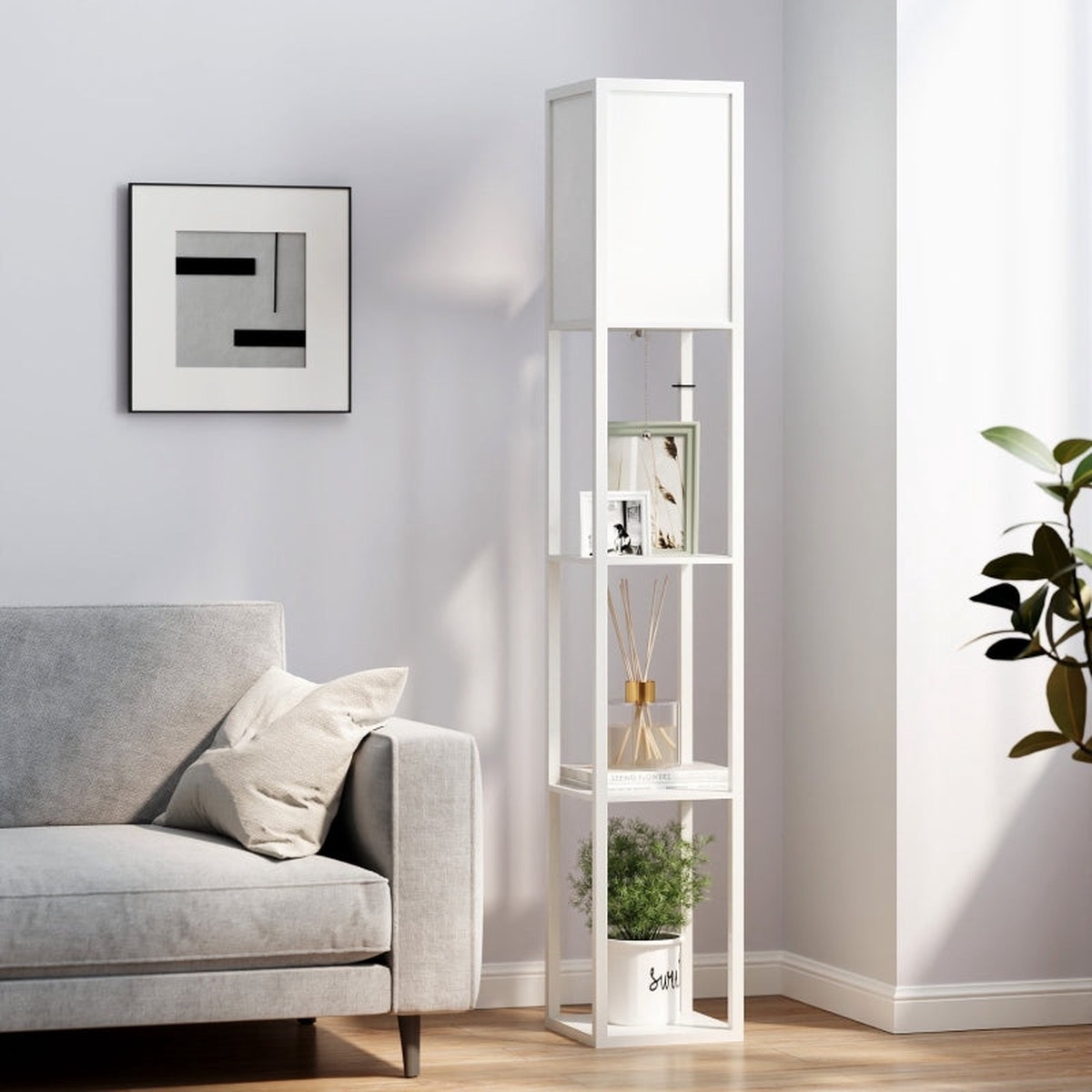 Floor Lamp, Shelves, 26 x 26 x 160 cm, Wood