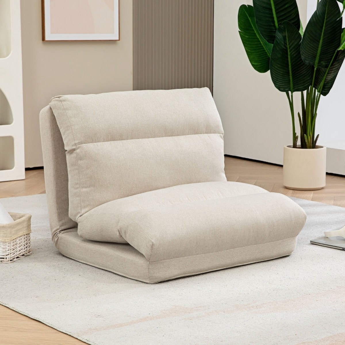Folding Floor Chair, 6-Level Adjustable, Thick Padding, Bed Function, Beige Linen