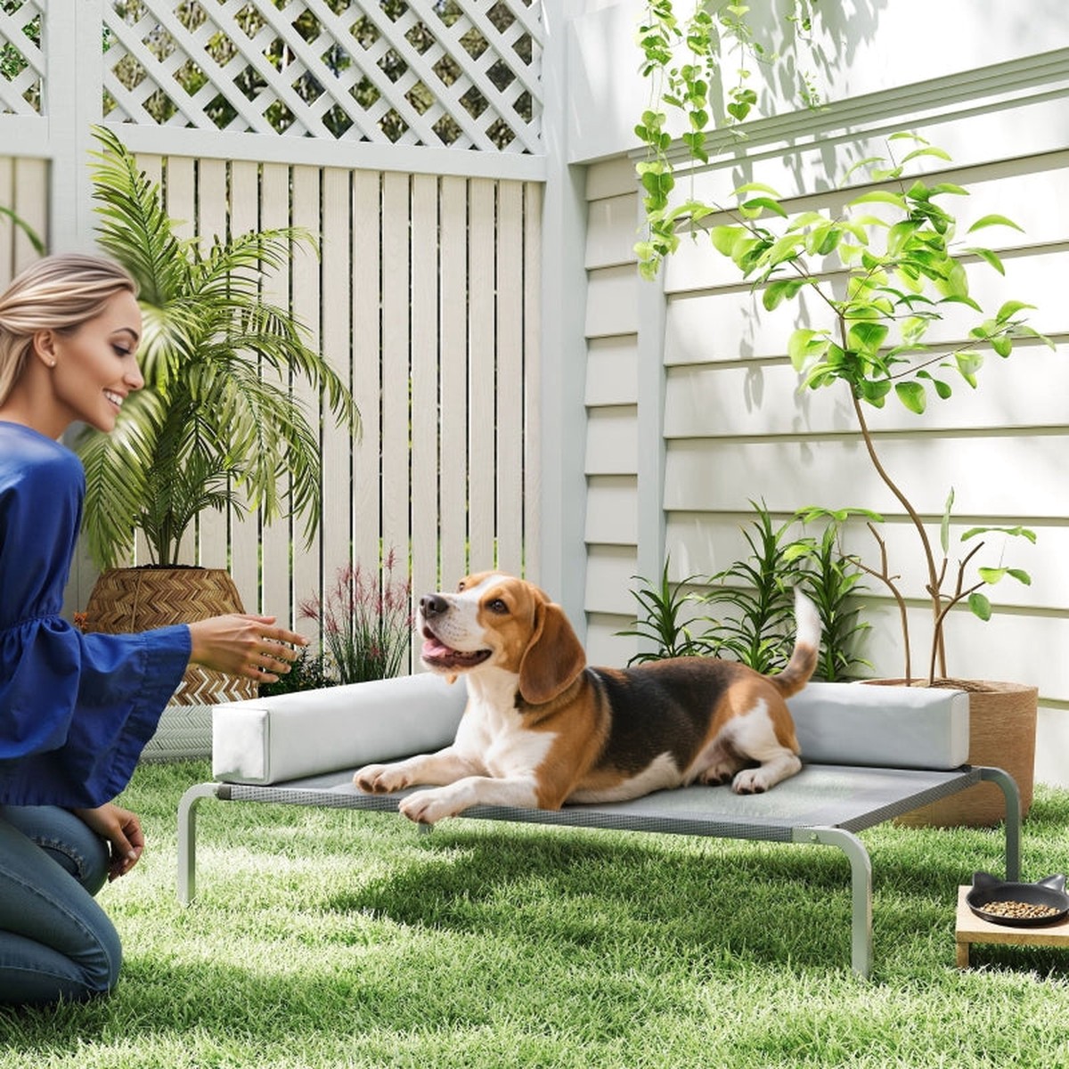 Outdoor Dog Bed, Raised with L-Shaped Cushion for Medium Dogs, Light Grey