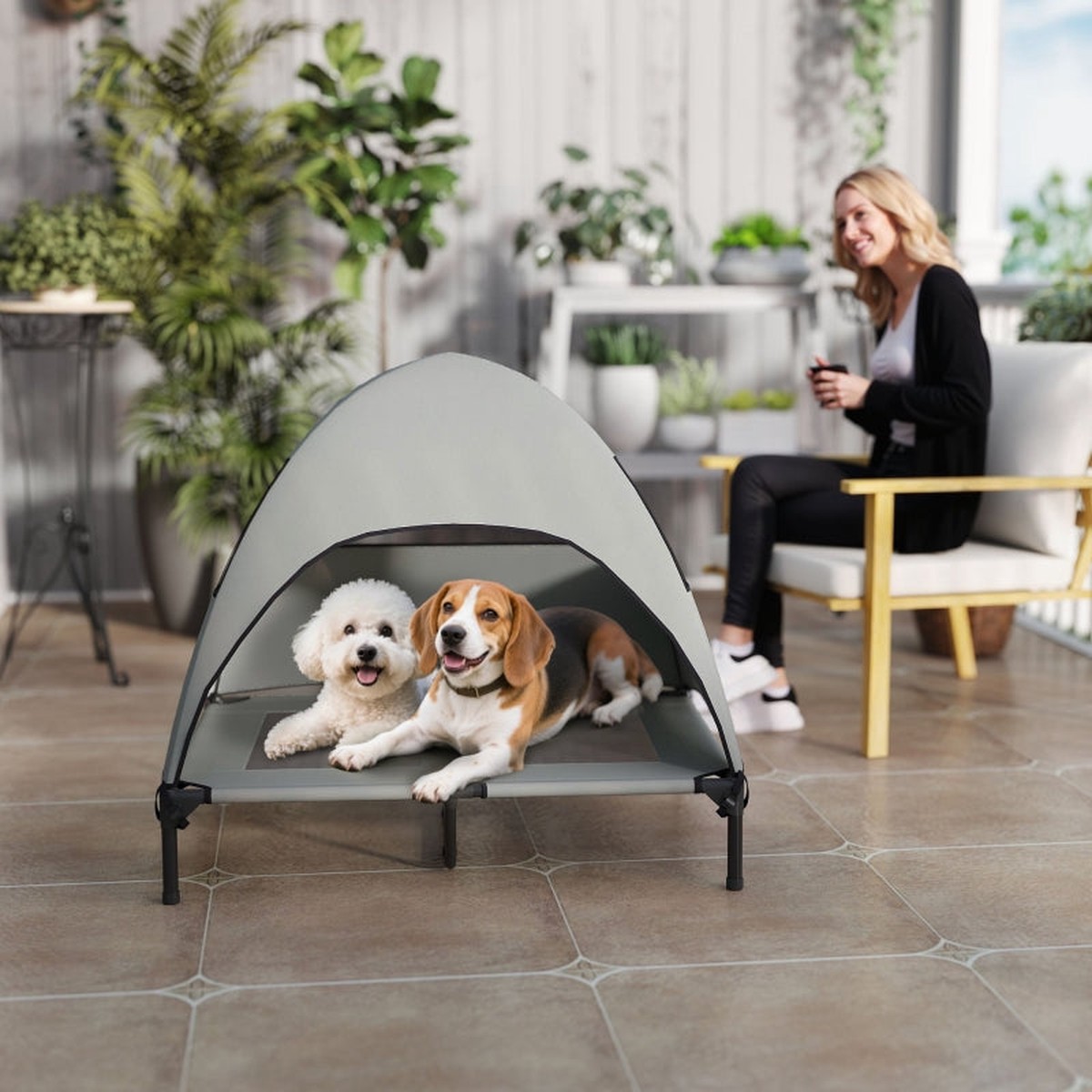 Outdoor Dog Bed, Raised with Roof, Light Grey