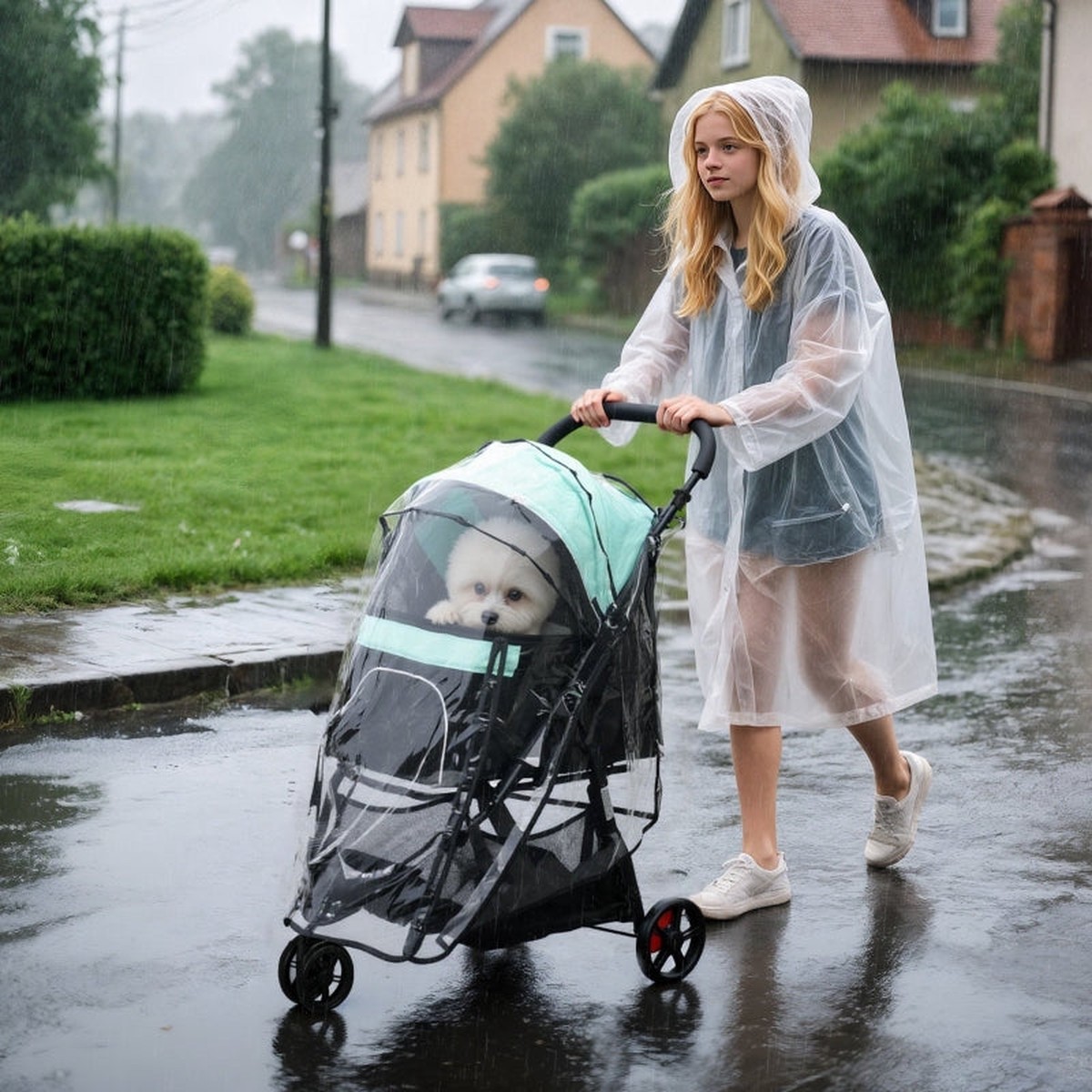 Pet Stroller, Foldable with Rain Cover & 2 Cup Holders, Blue + Green