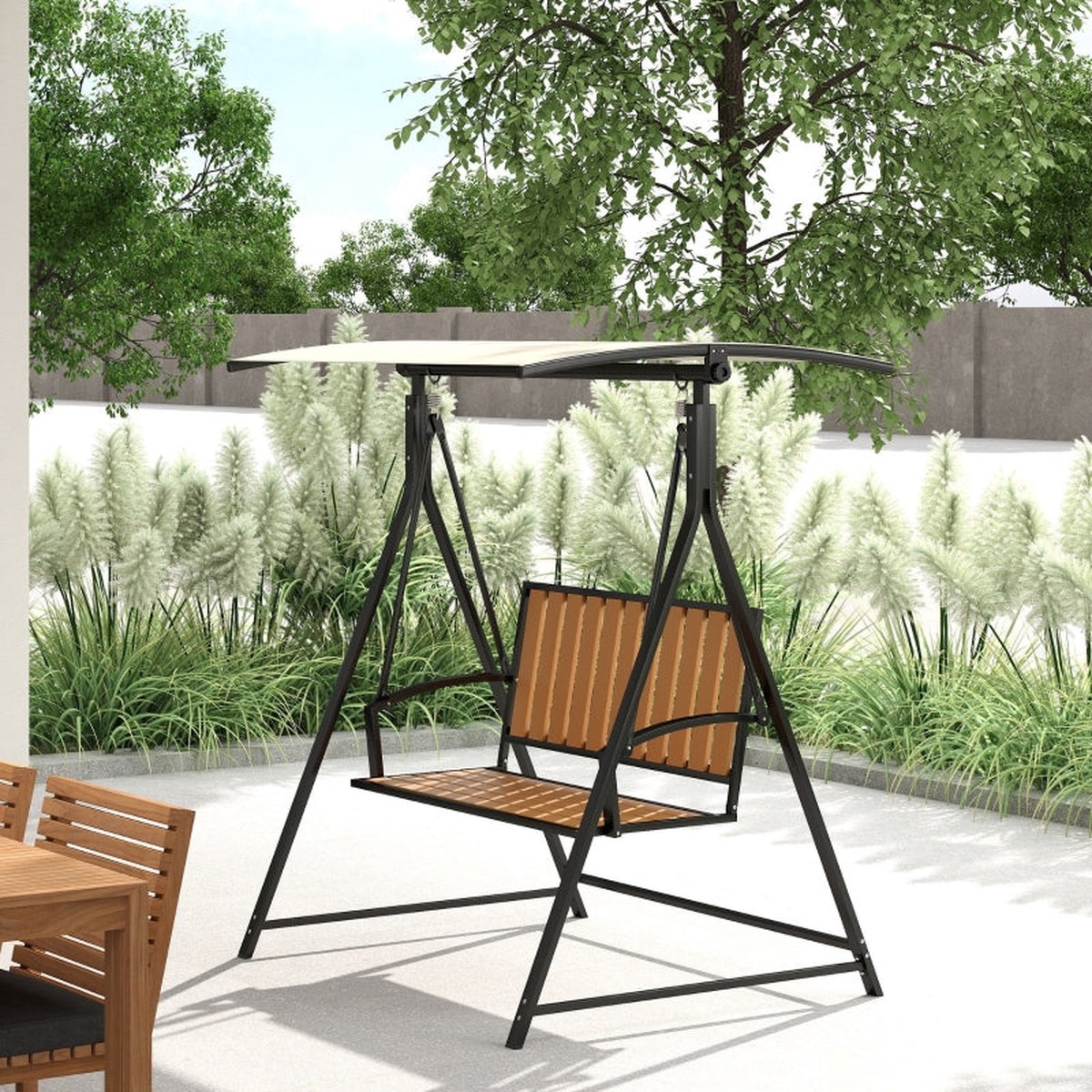 Porch Swing, 2-Seater, Adjustable Sunroof, Weatherproof, Black
