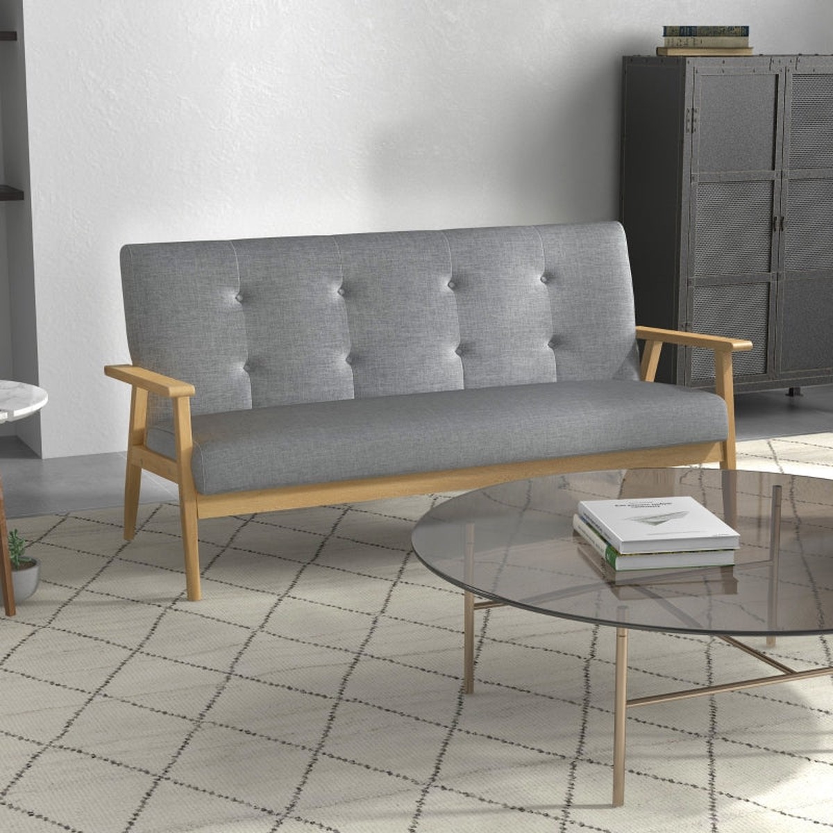 Three-Seater Upholstered Sofa, Rubberwood, Grey