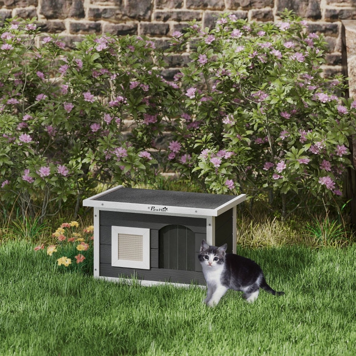 Wooden Cat House, Scratching Mat, Weatherproof, Indoor/Outdoor, Grey