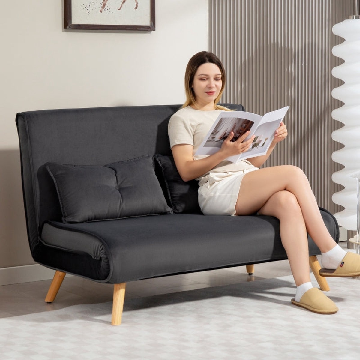 2-Seater Sofa Bed, Adjustable Backrest, Fabric Upholstery, Grey