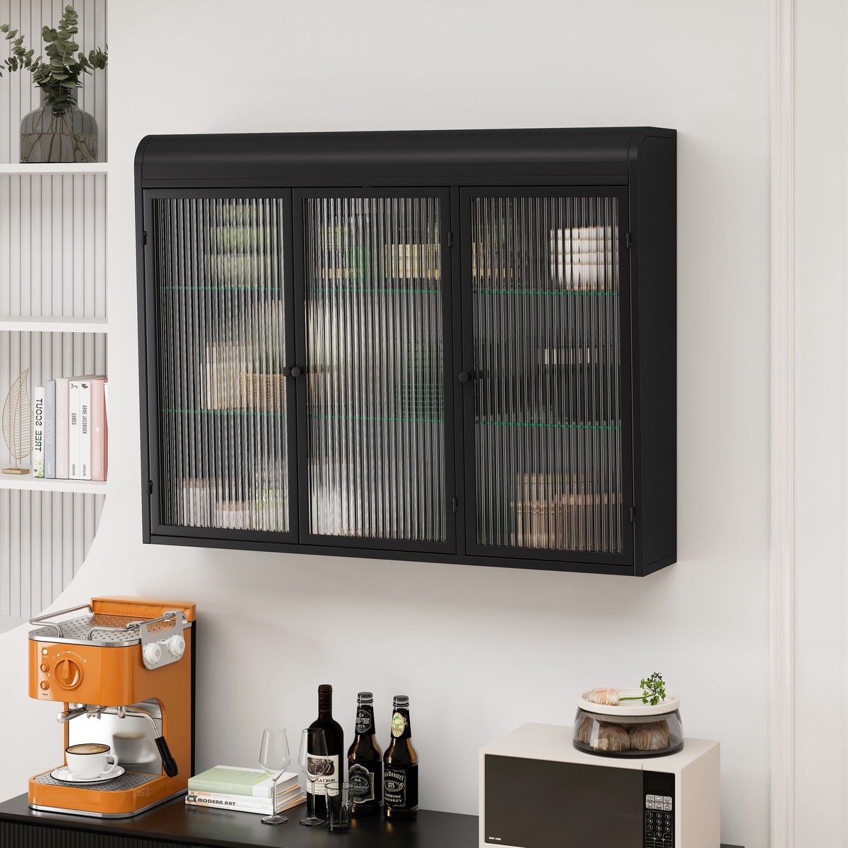 3 Door Arched Wall Mounted Glass Cabinets, Black