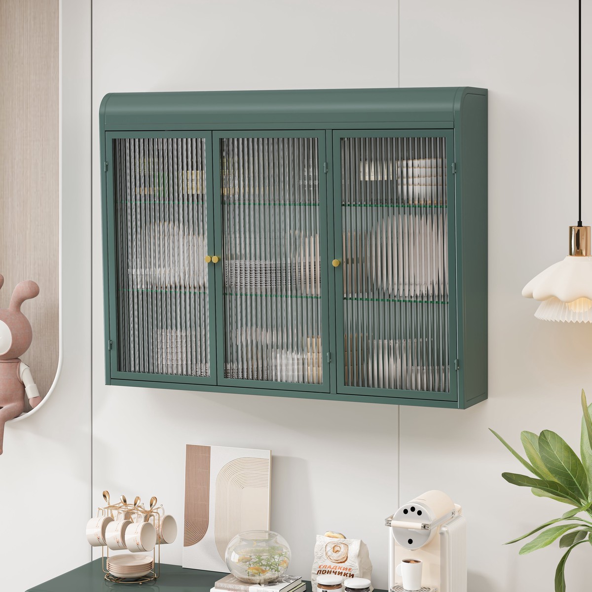 3 Door Arched Wall Mounted Glass Cabinets - Dark Green