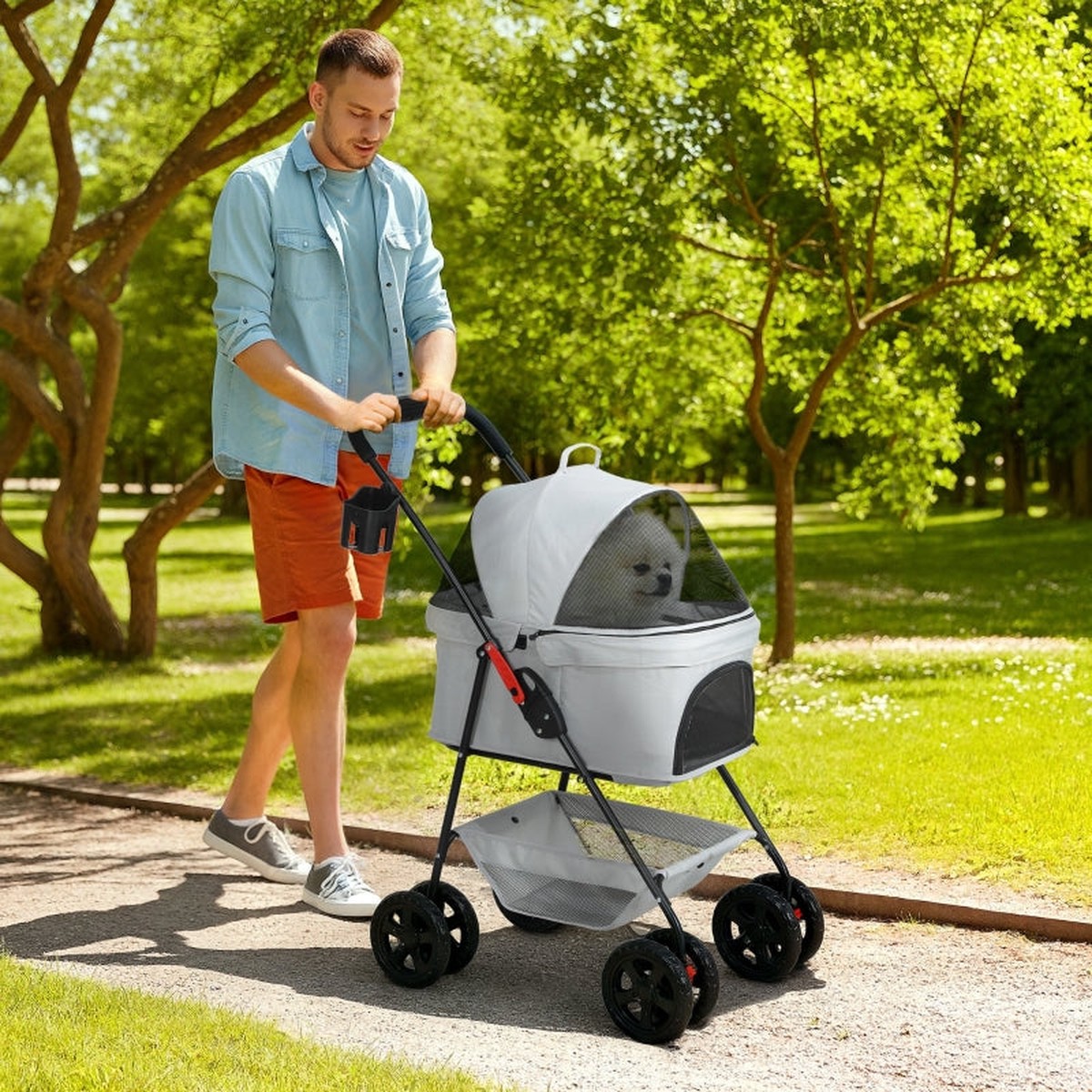 3-in-1 Pet Stroller, Folding Dog Cart with Removable Carrier, Grey