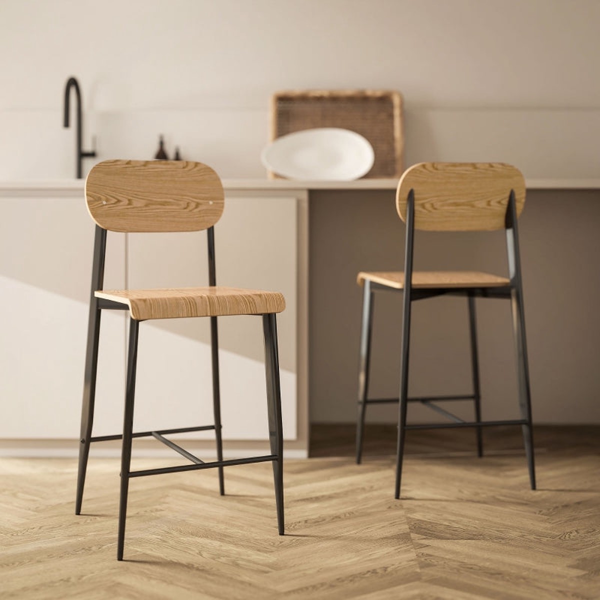 Bar Stool Set of 2, Footrest, 66cm Height, Industrial Design, Natural Wood + Black