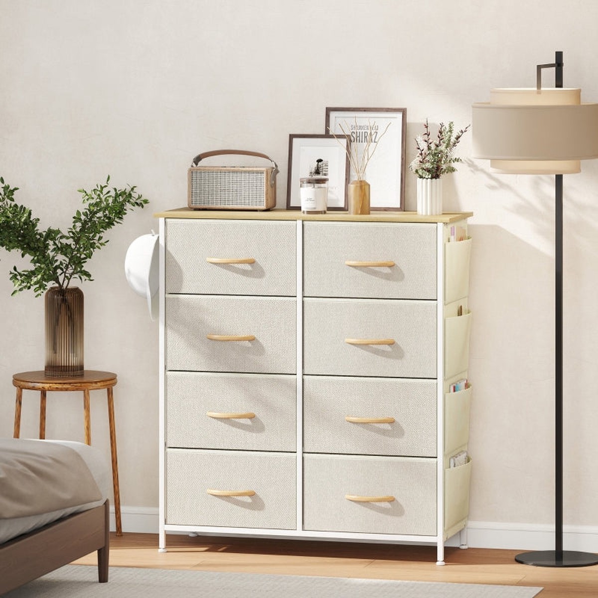 Bedroom Chest of Drawers, 8 Fabric Drawers, Steel, Beige