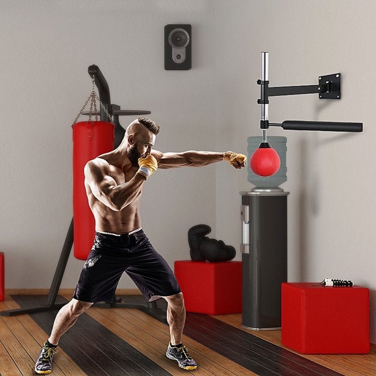 Boxing Rack, Wall Mount Foldable with Reflex Bar, Red