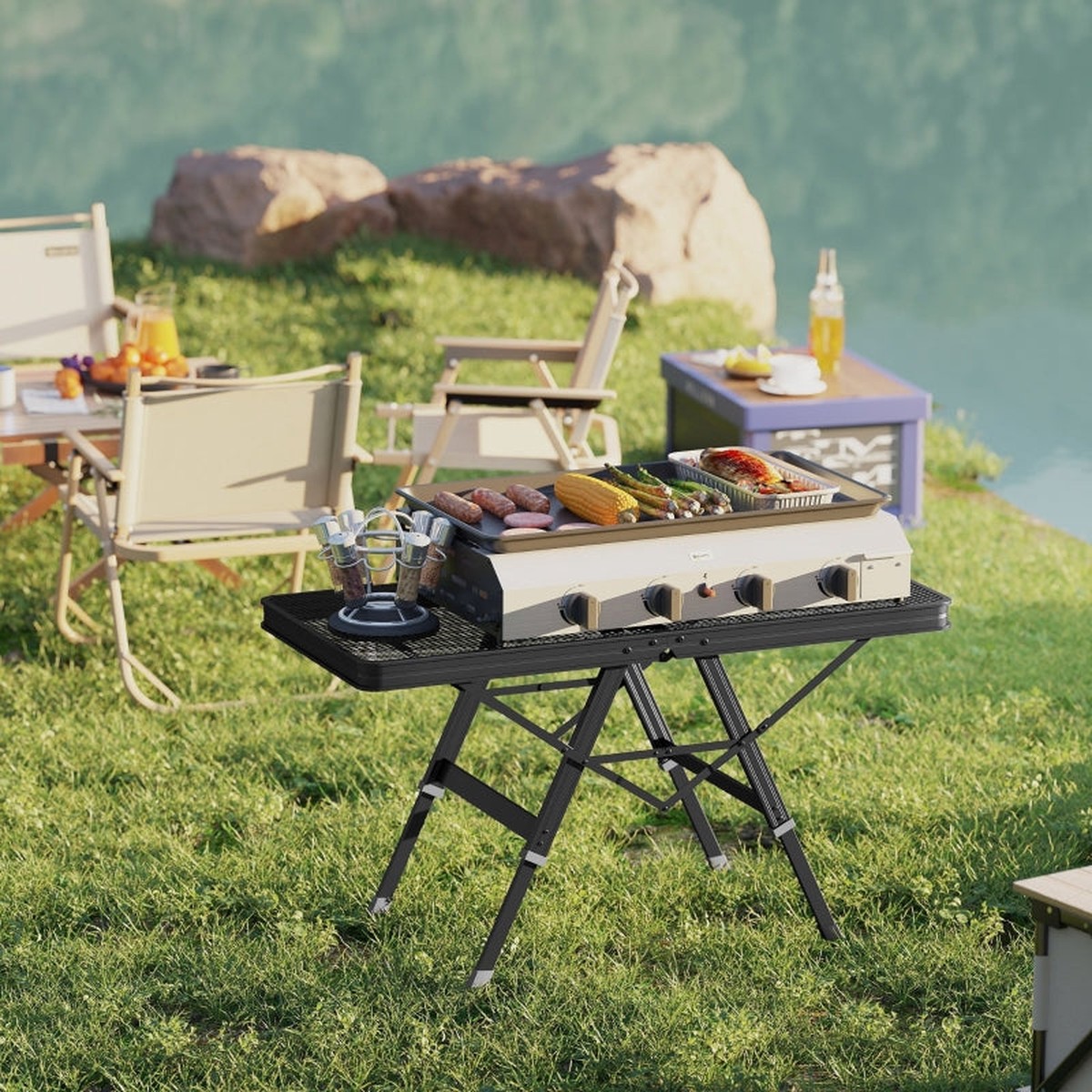 Camping Table, Adjustable Folding Metal Grid Aluminum, Black