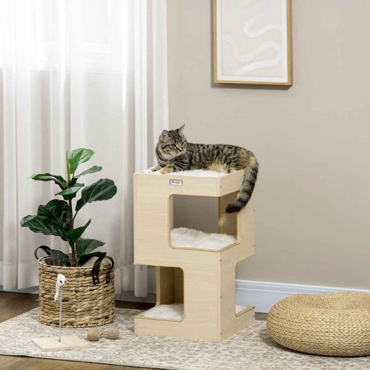 Cat Barrel, 2 Levels with Toys, Natural + Light Grey