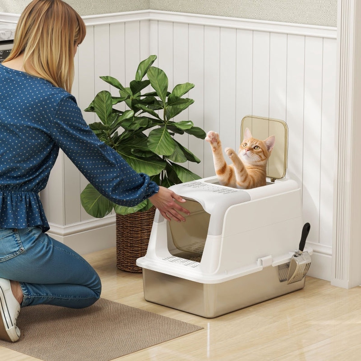 Cat Litter Box with Lid, Litter Scoop, Stainless Steel