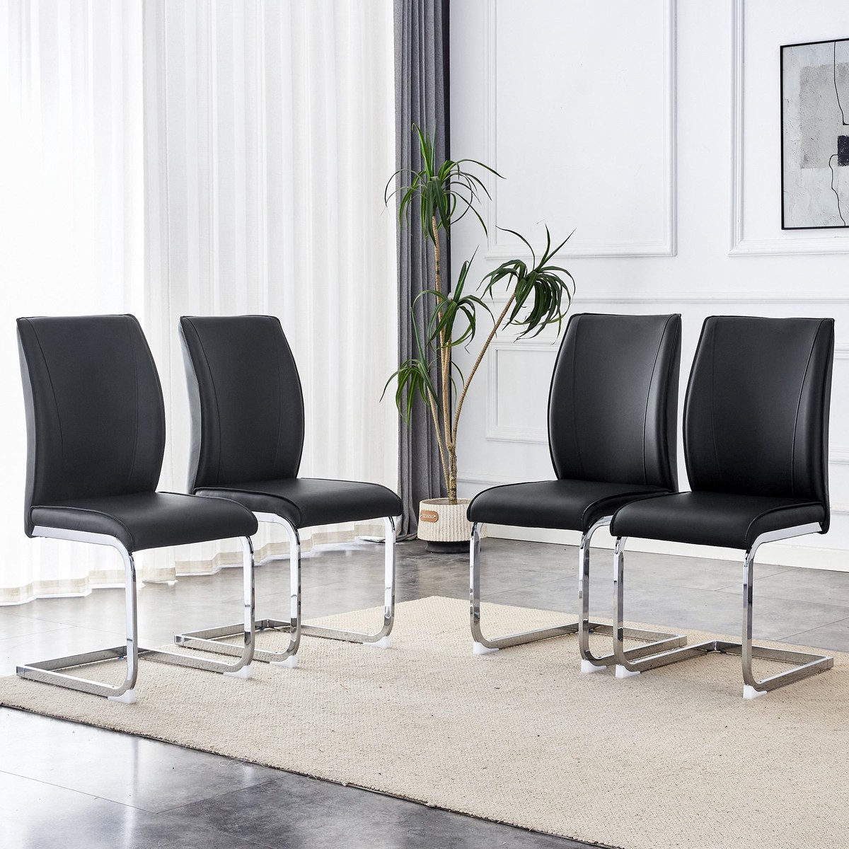 Chairs (Set of 4), Comfortable with Silver Metal Legs, Black PU