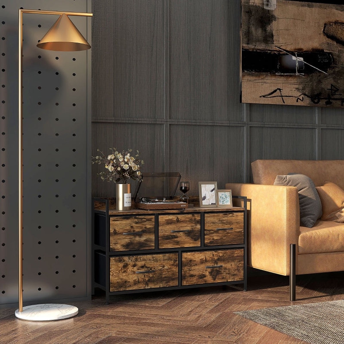 Chest of Drawers, 5-Drawer Fabric, Steel Frame, Rustic Brown