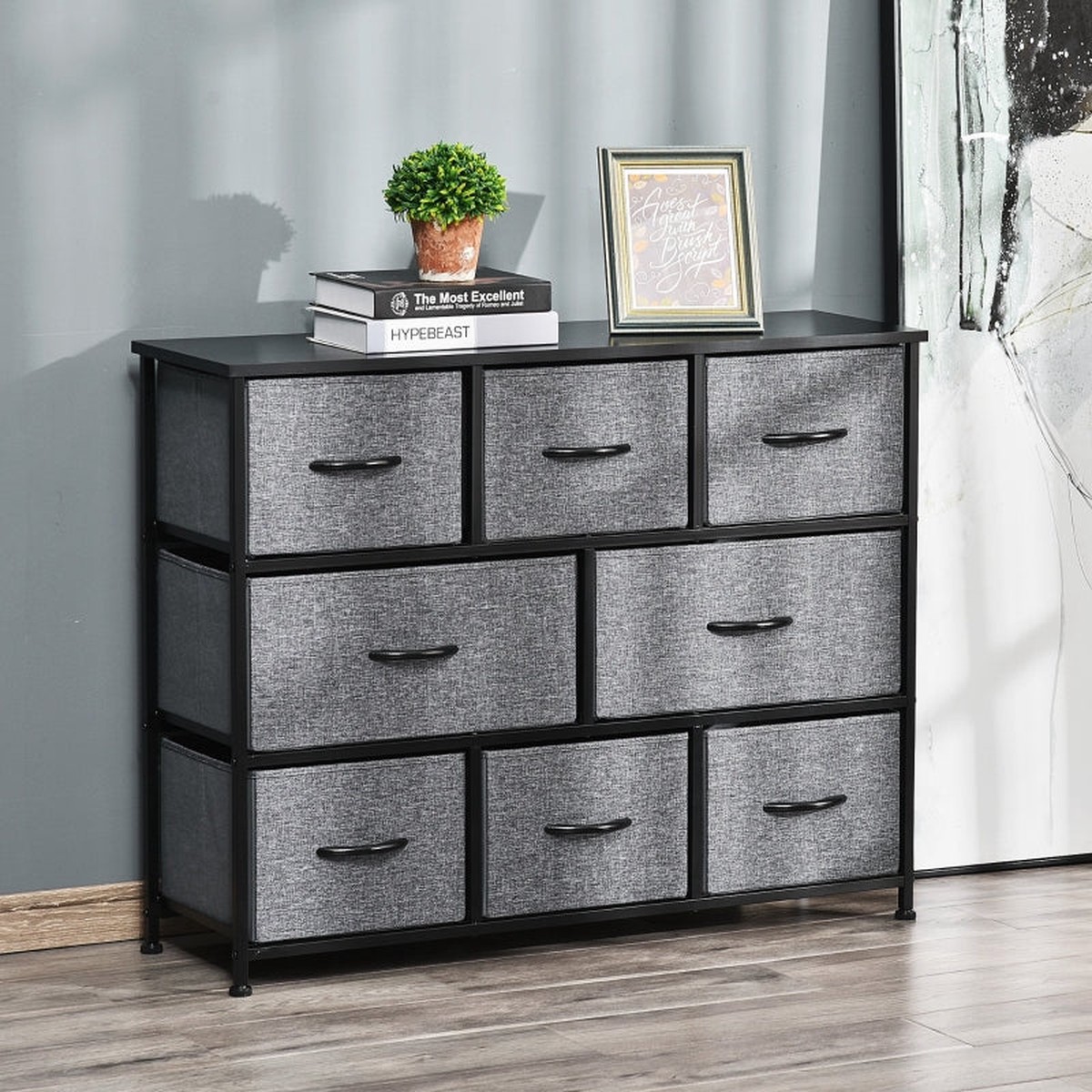 Chest of Drawers, 8 Fabric Drawers, Metal Frame, Dark Gray