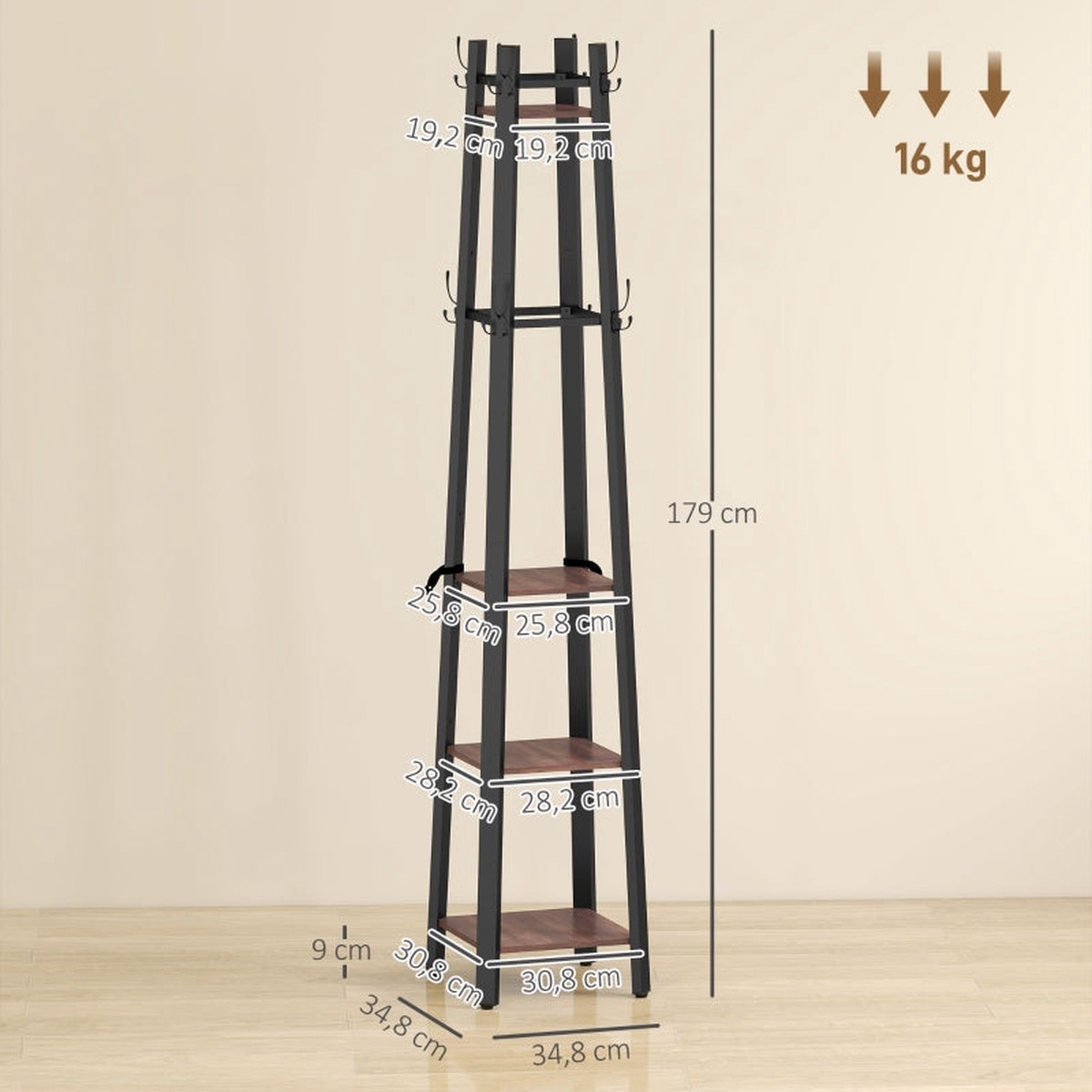 Coat Rack, 4-Tier Freestanding with 8 Hooks and 4 Shelves, Industrial Style, Brown