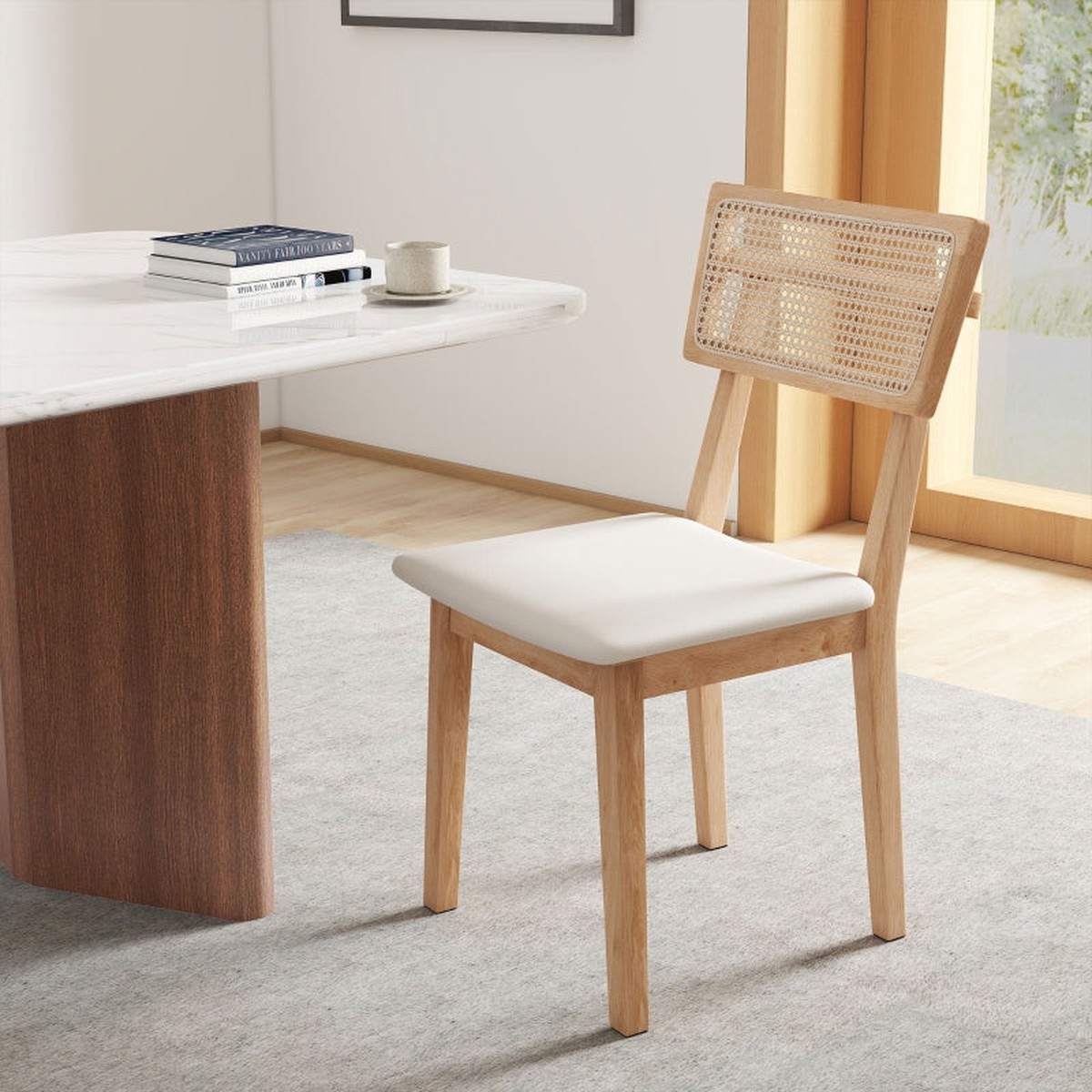 Dining Chair, Rattan Backrest, Faux Leather Seat, Rubber Wood, Natural Wood