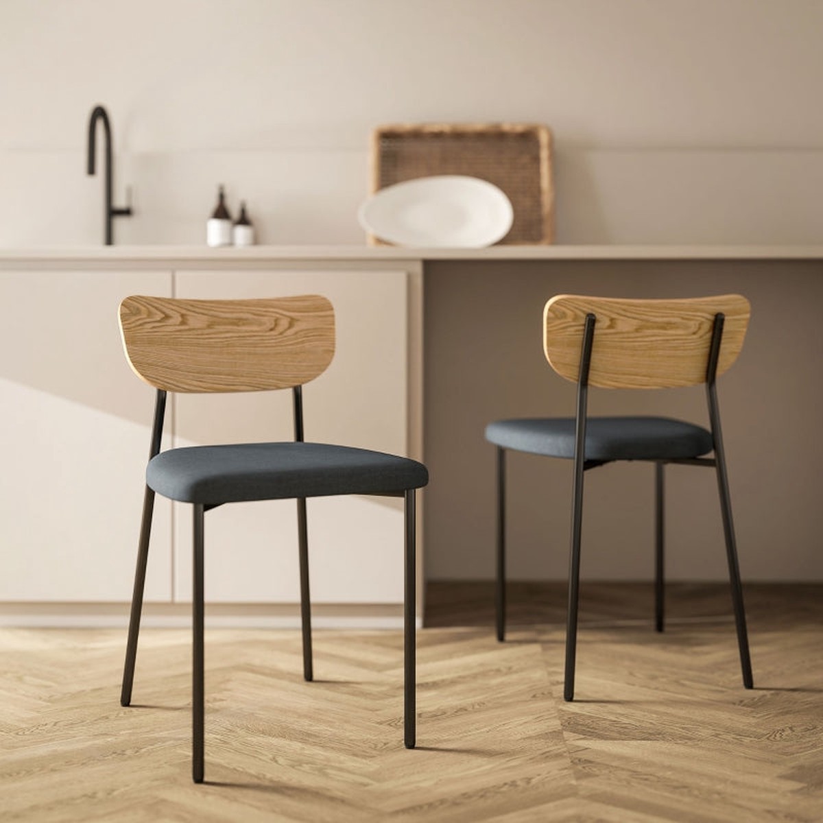 Dining Chairs Set of 2, Armless, Upholstered Steel Legs, Grey Linen Look
