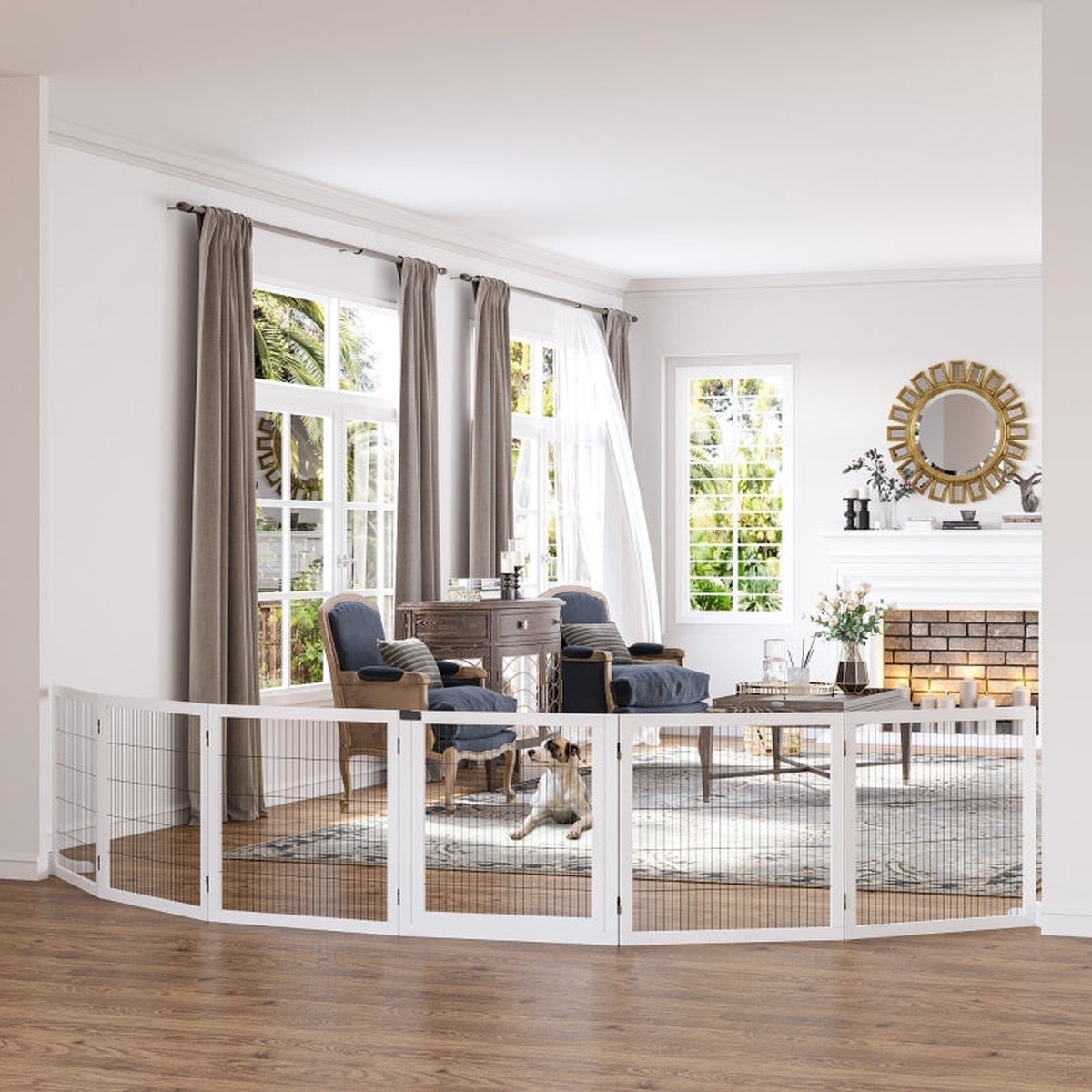 Dog Barrier, Adjustable Safety Gate, Foldable, 6 Panels, Wooden, White