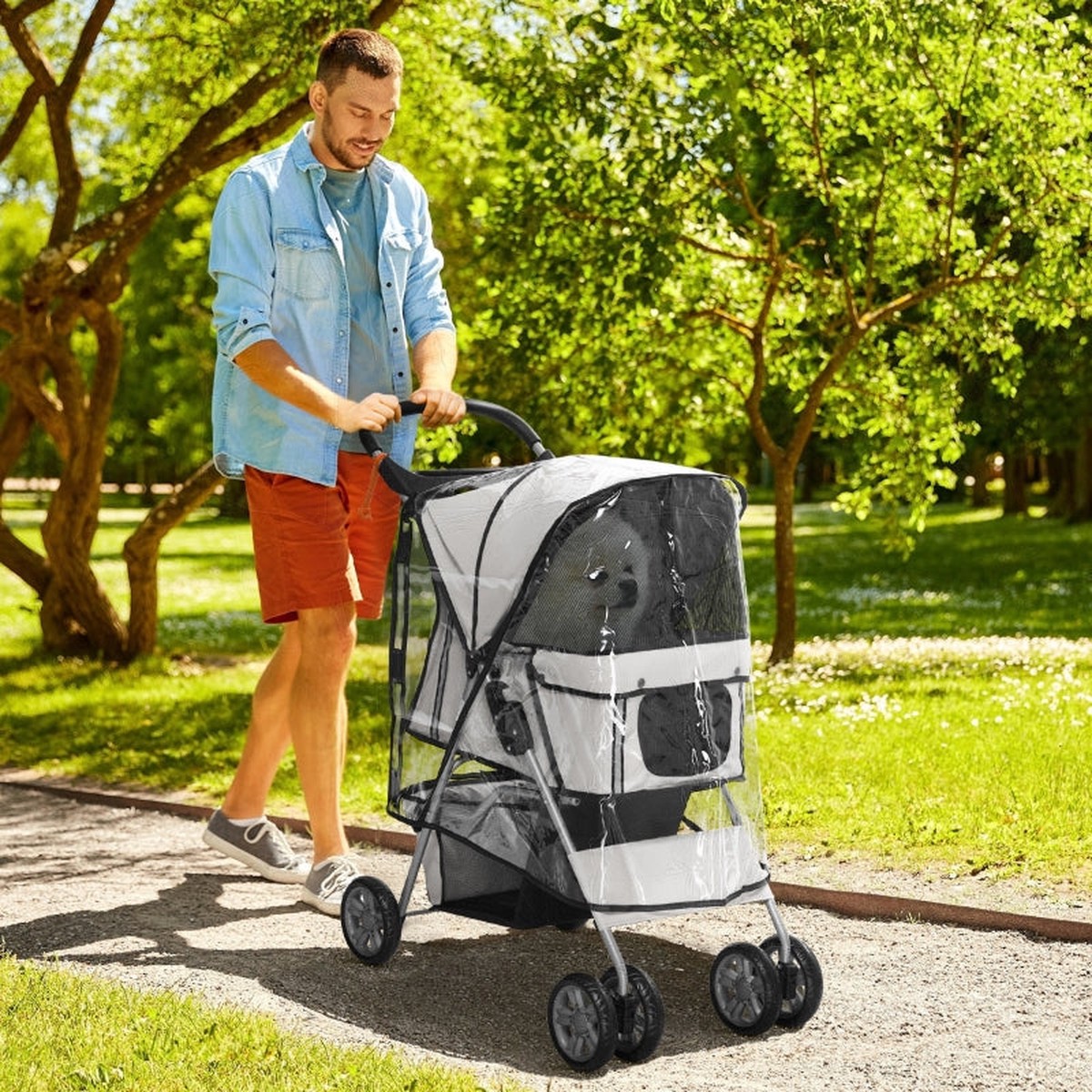 Dog Buggy, Foldable Rain Cover 2 Cup Holders, Grey