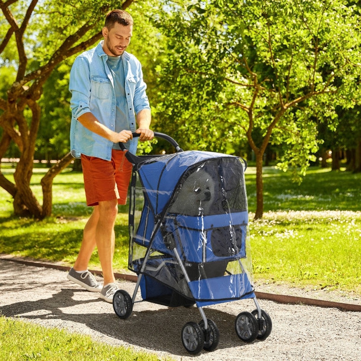 Dog Buggy, Foldable Rain Cover, Bottom Basket, 2 Cup Holders, Blue