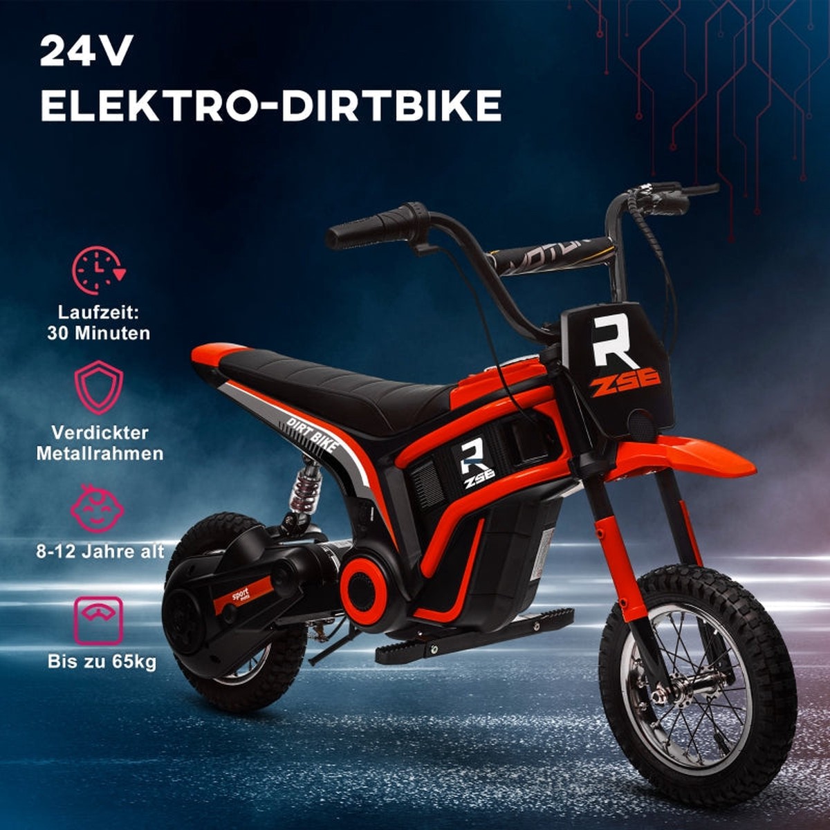 Electric Motorcycle for Kids, 24V with Horn, Light, 8-16 km/h, Red