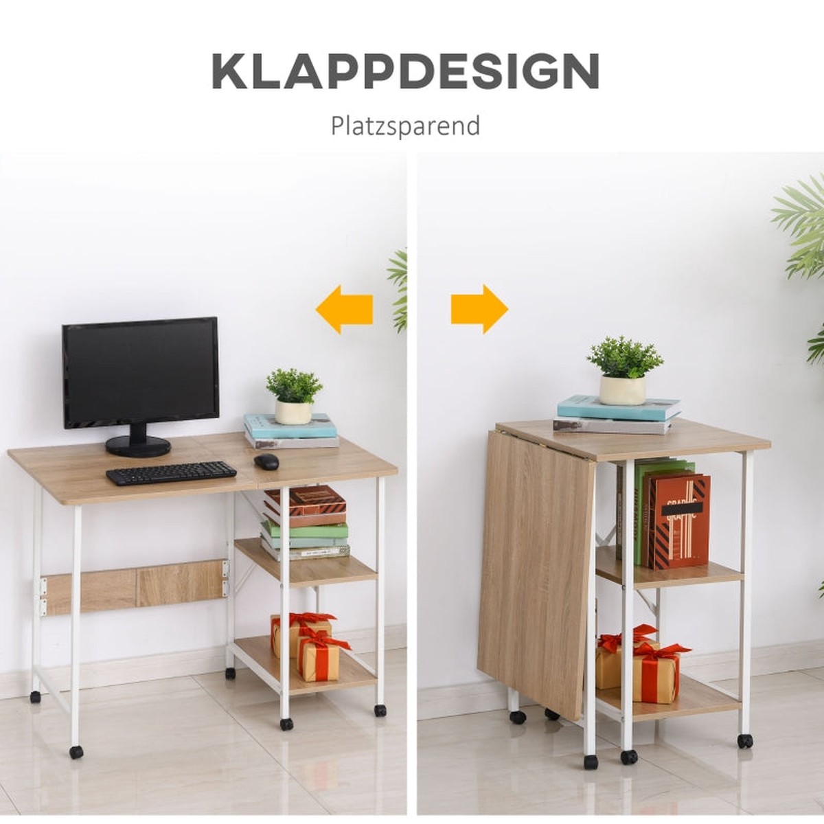 Folding Table Desk, Mobile with Wheels, Natural MDF