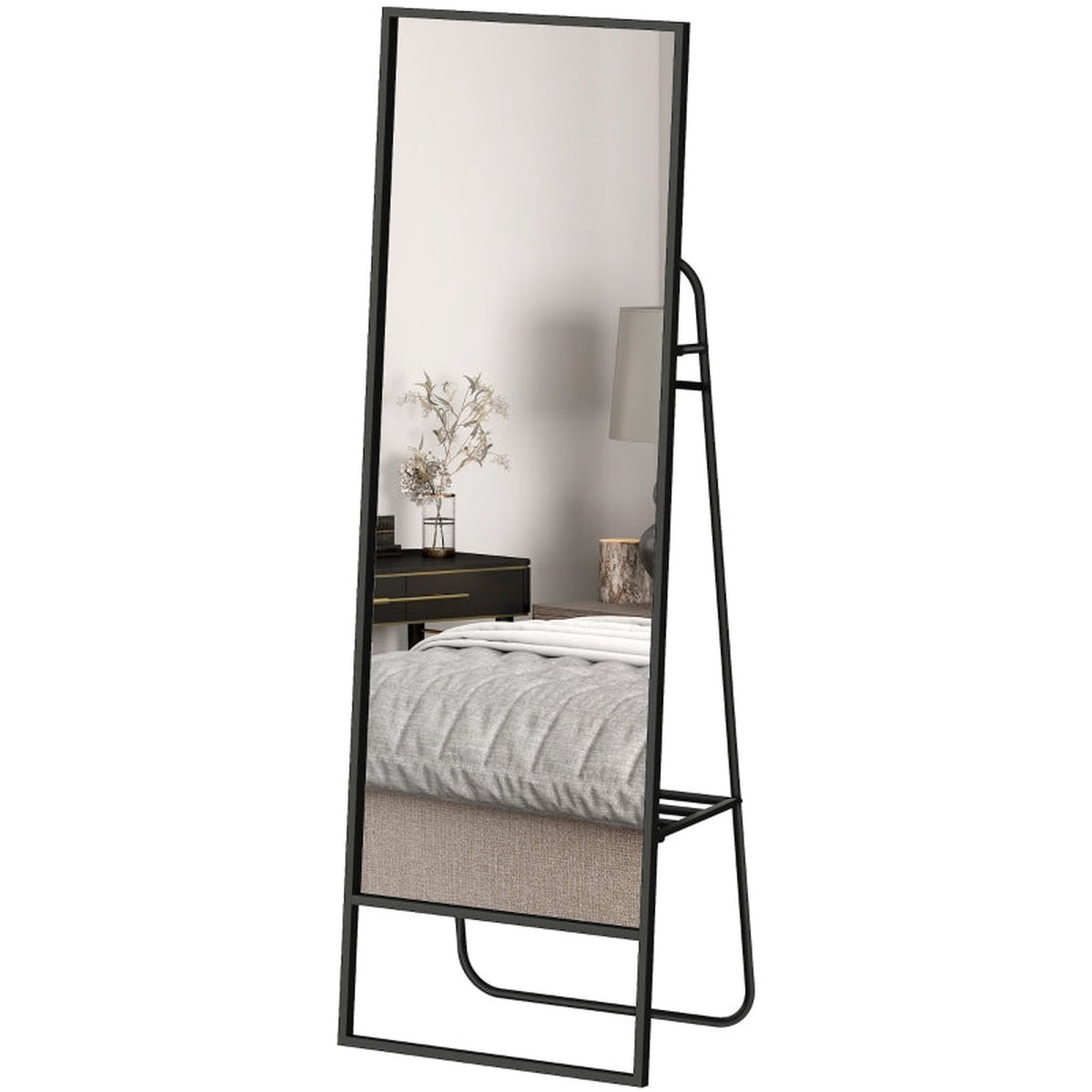 Full-Length Mirror, Industrial Design, Rear Shelf, 2 Hooks, Metal, Black