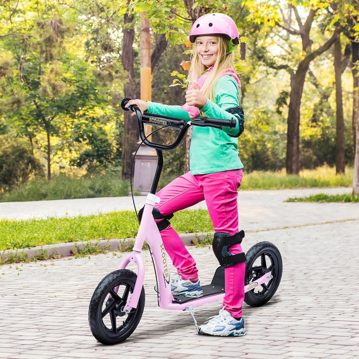 Kids Kick Scooter, 12-inch Wheels, Handbrake & Kickstand, Steel, Pink