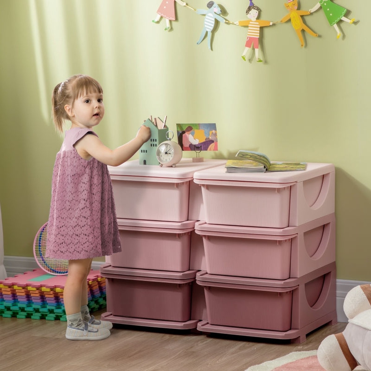 Plastic Storage Box, 6-Drawer Toy Organizer for Children's Room, Pink
