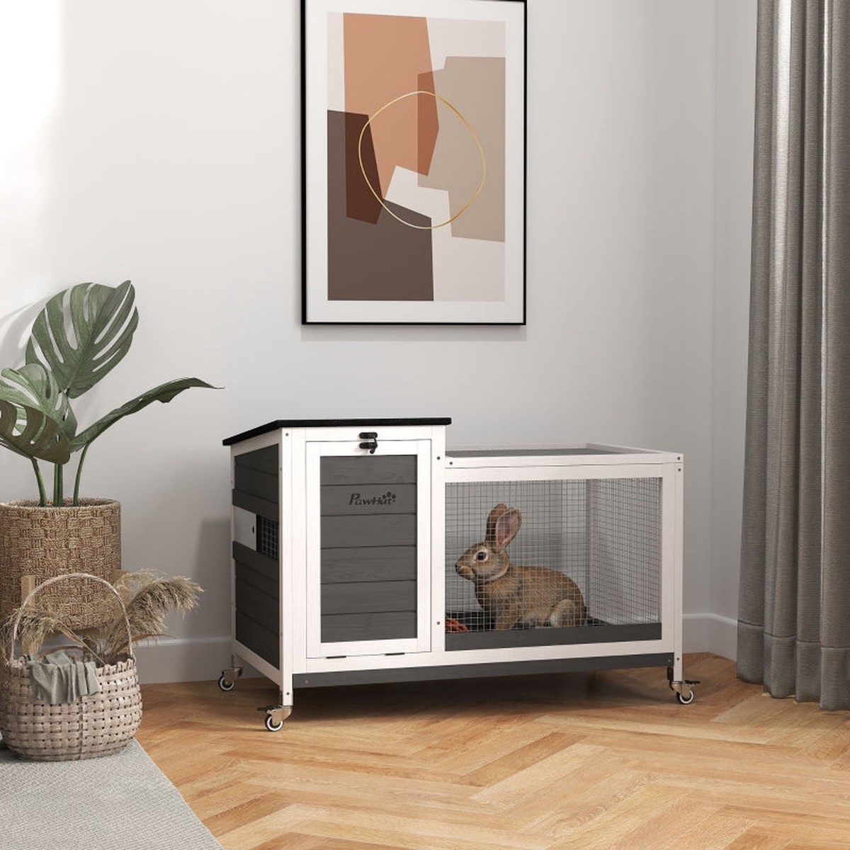 Rabbit Hutch, Free-Range Enclosure with Wheels, Folding Roof, Wooden Dark Grey
