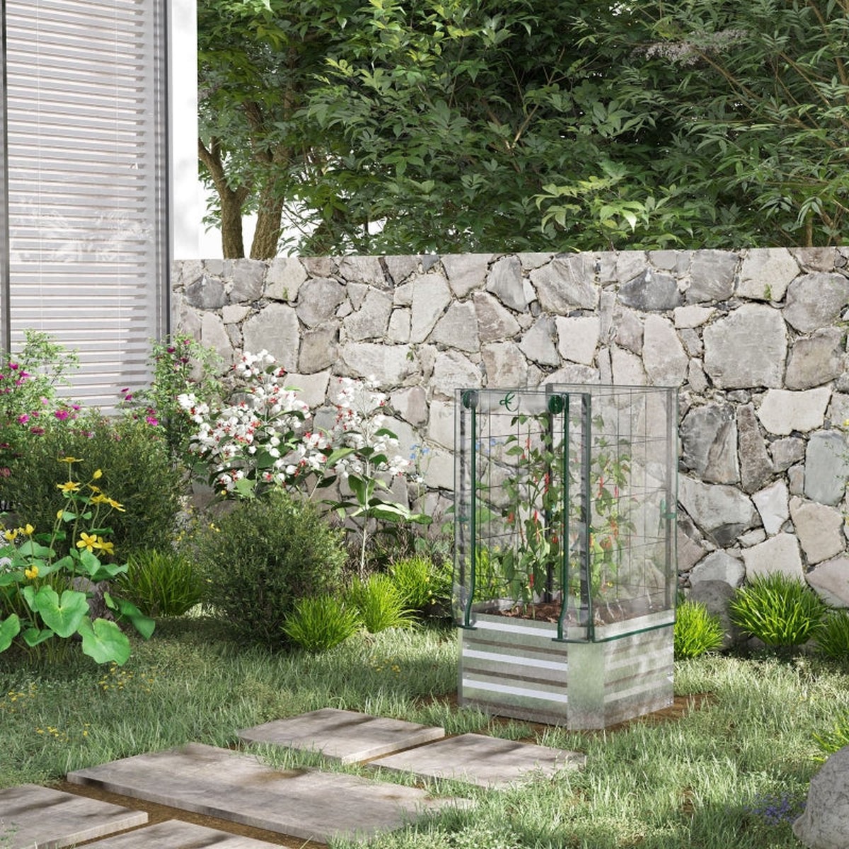 Raised Bed Set Planter with Plastic Cover & Trellis, 53x53x90cm, Wood