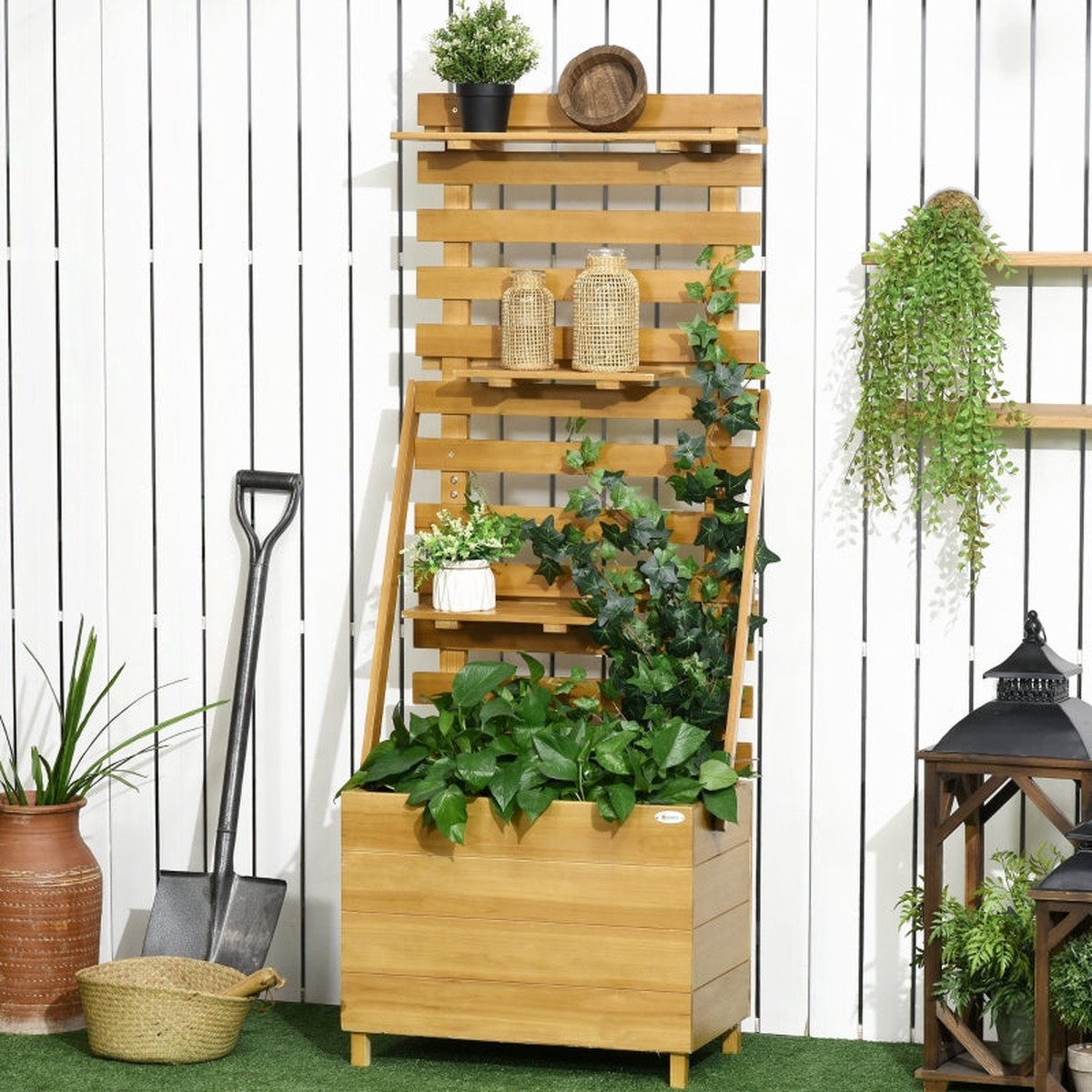 Raised Bed with Trellis, 3 Shelves, Wood, Brown