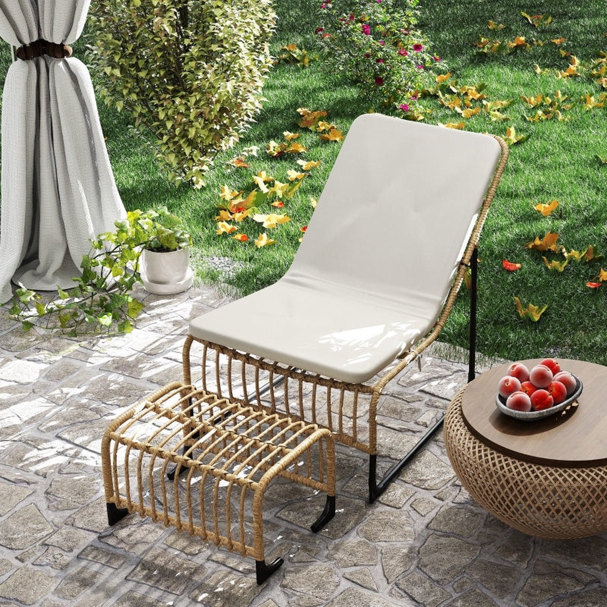 Rattan Relaxing Chair with Footstool, UV-resistant Garden Chair, Natural Wood