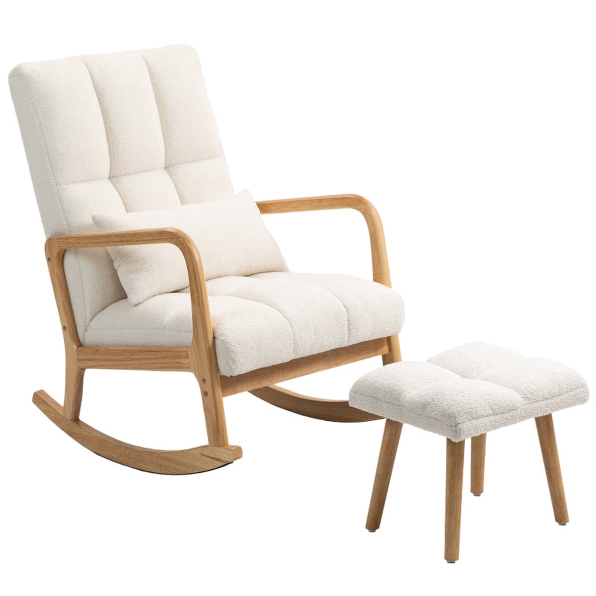 Rocking Chair with Stool, Fleece Cover, Wooden Skids, White
