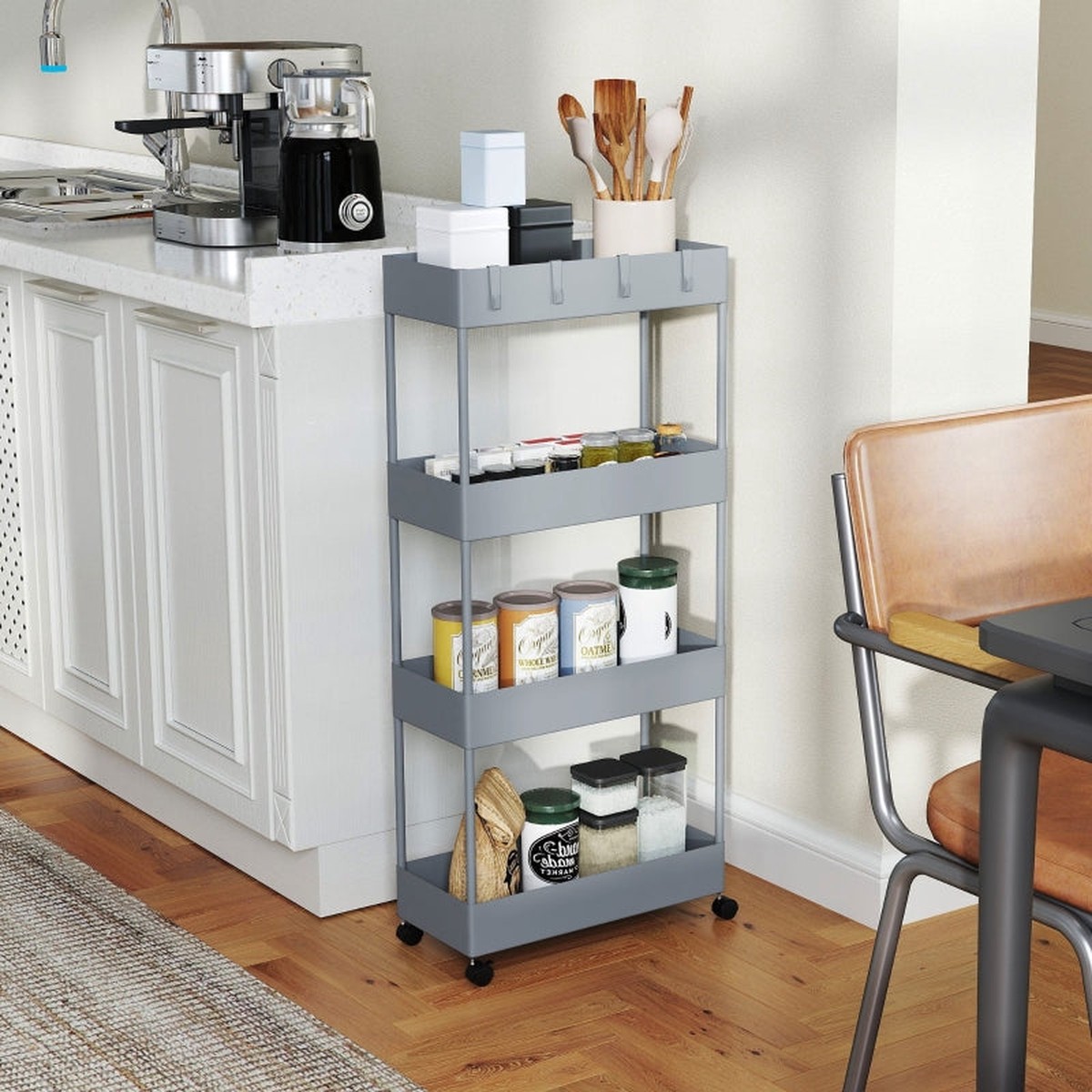 Rolling Cart, 4-Tier Shelf with Wheels and Brakes, Plastic, Gray