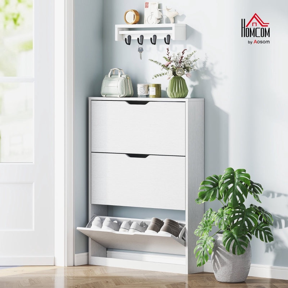 Shoe Cabinet with 3 Doors, Narrow, White