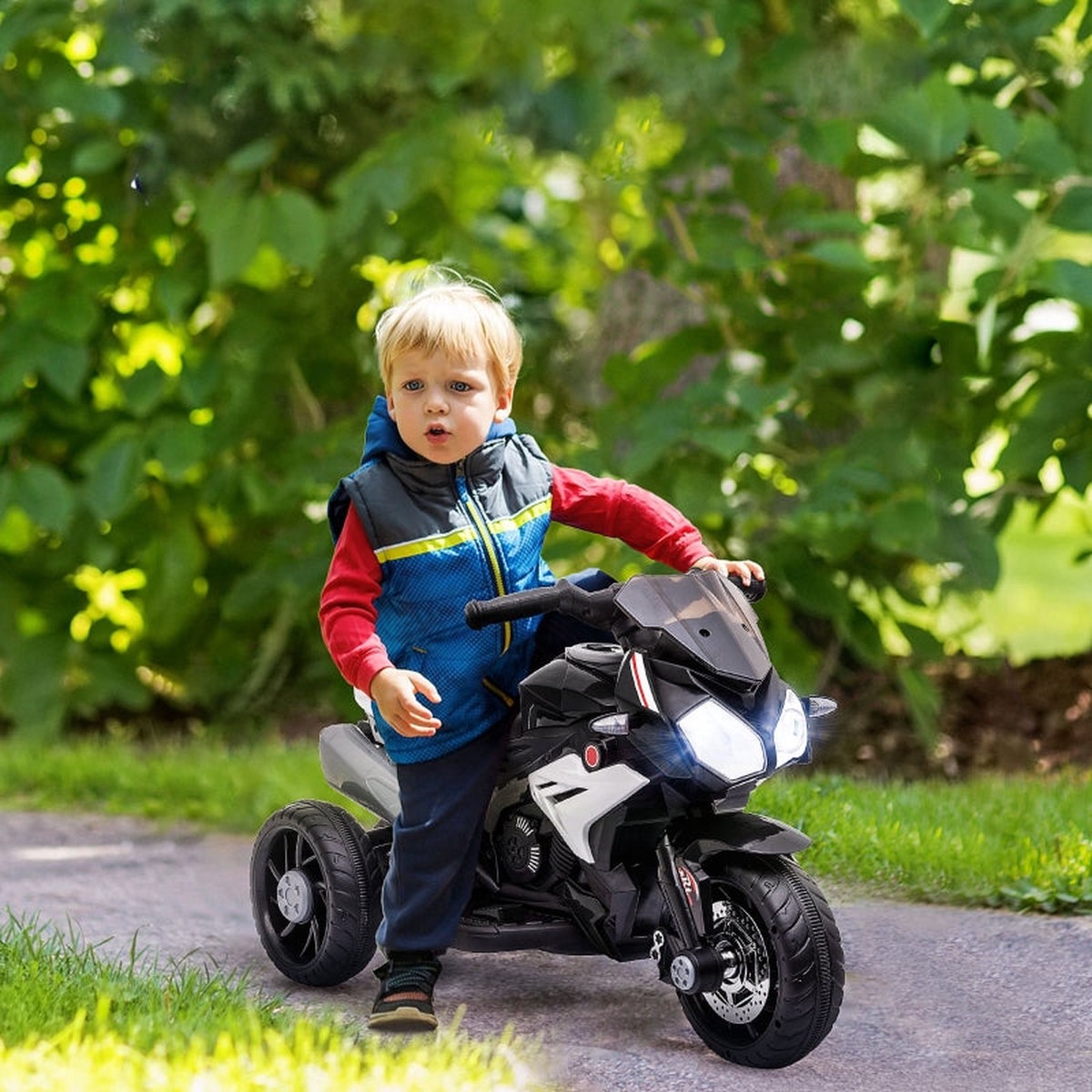 Electric Kids Motorcycle, Lights & Sounds, 3 km/h, Rechargeable, Black/White