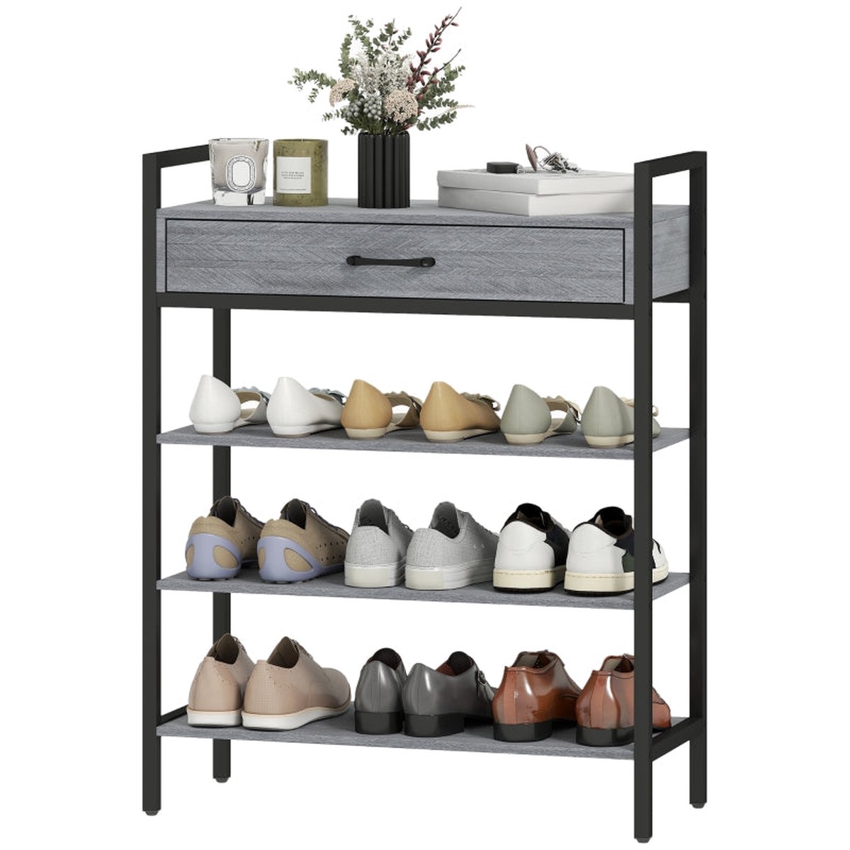 Shoe Rack 4-Tier, 9 Pairs, Chipboard Metal, Grey