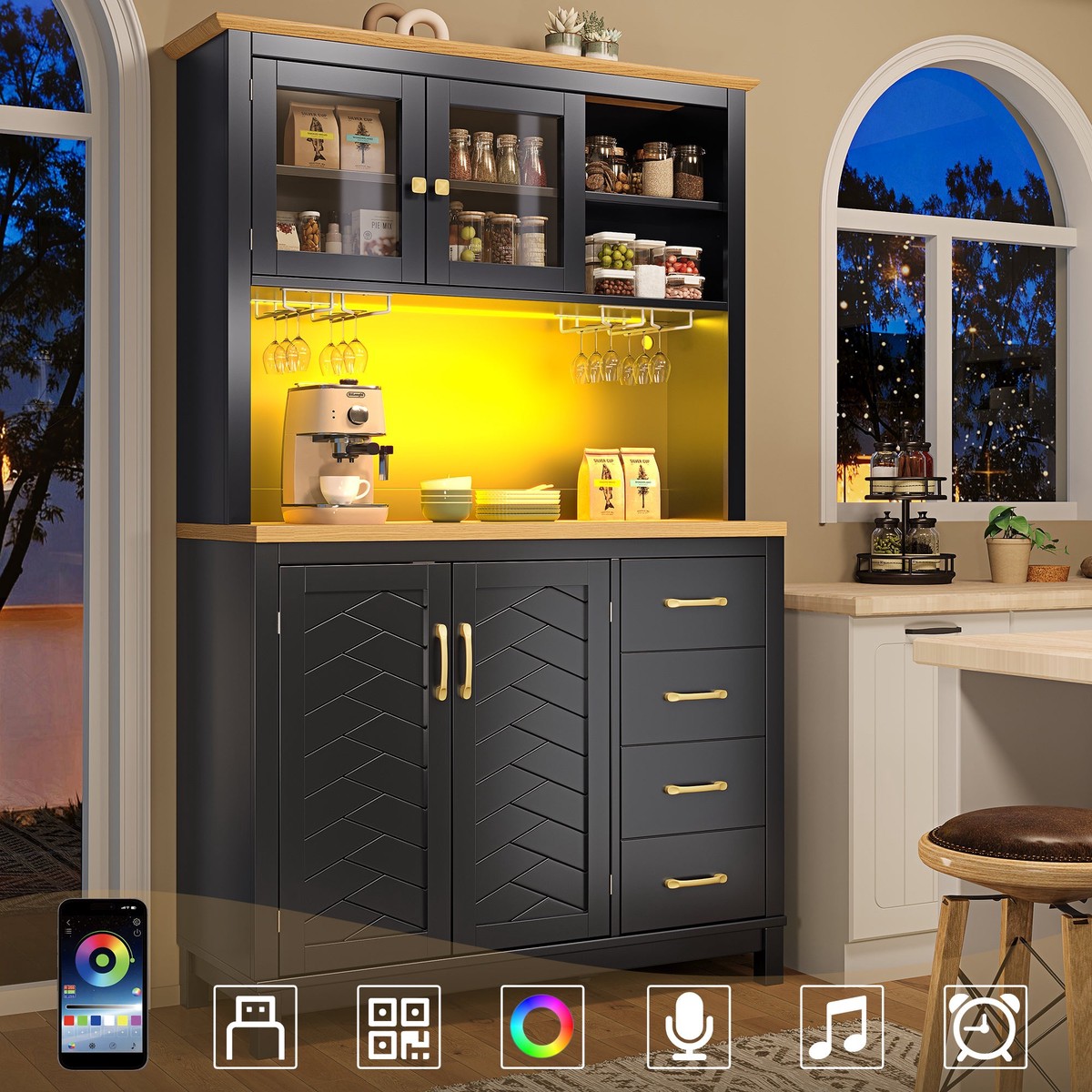 Sideboard Kitchen Buffet Cabinet with LED Lights and Drink Holders, Green, Black and White