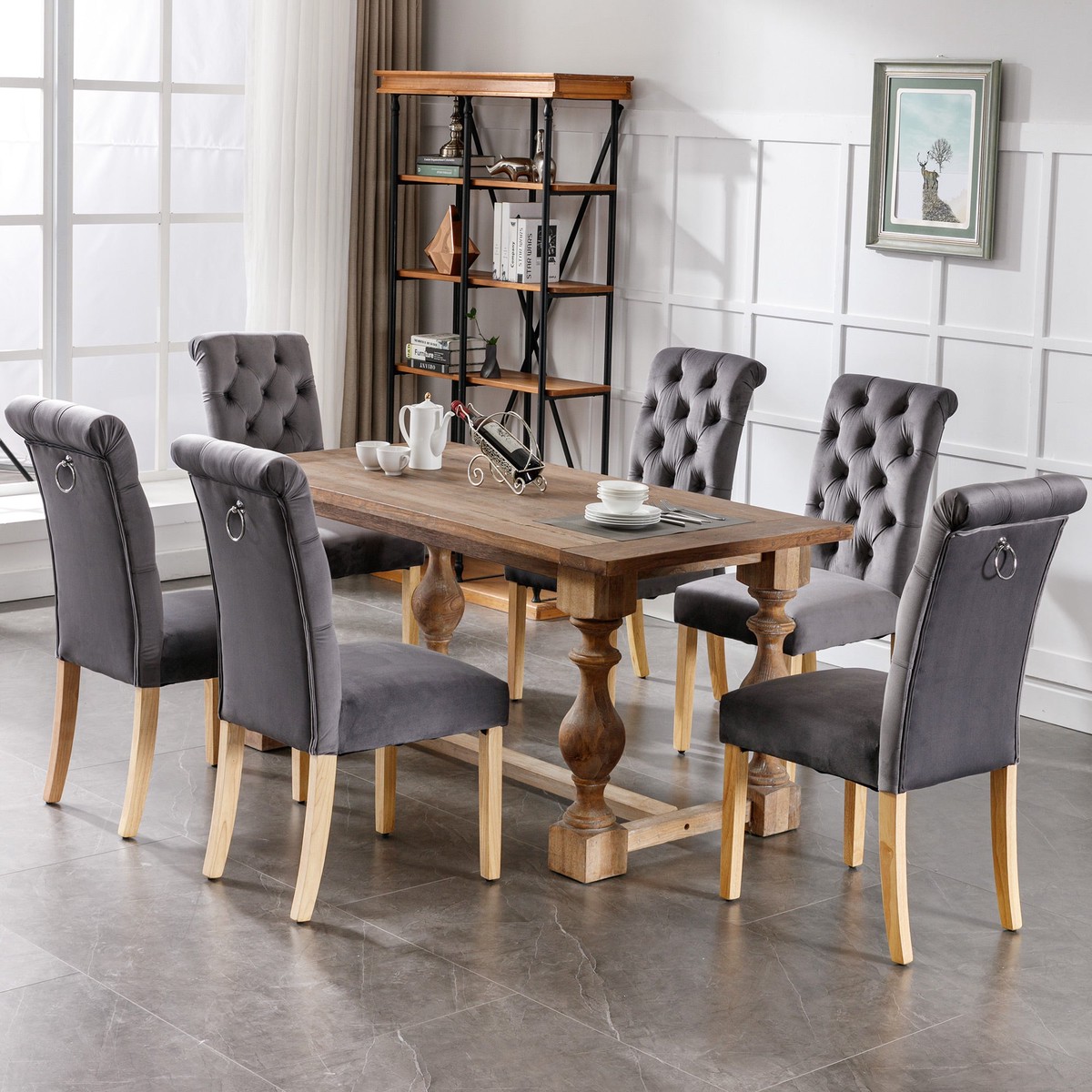 Velvet Dining Chairs, Set of 6, Oak Legs, Chrome Knockers, Grey