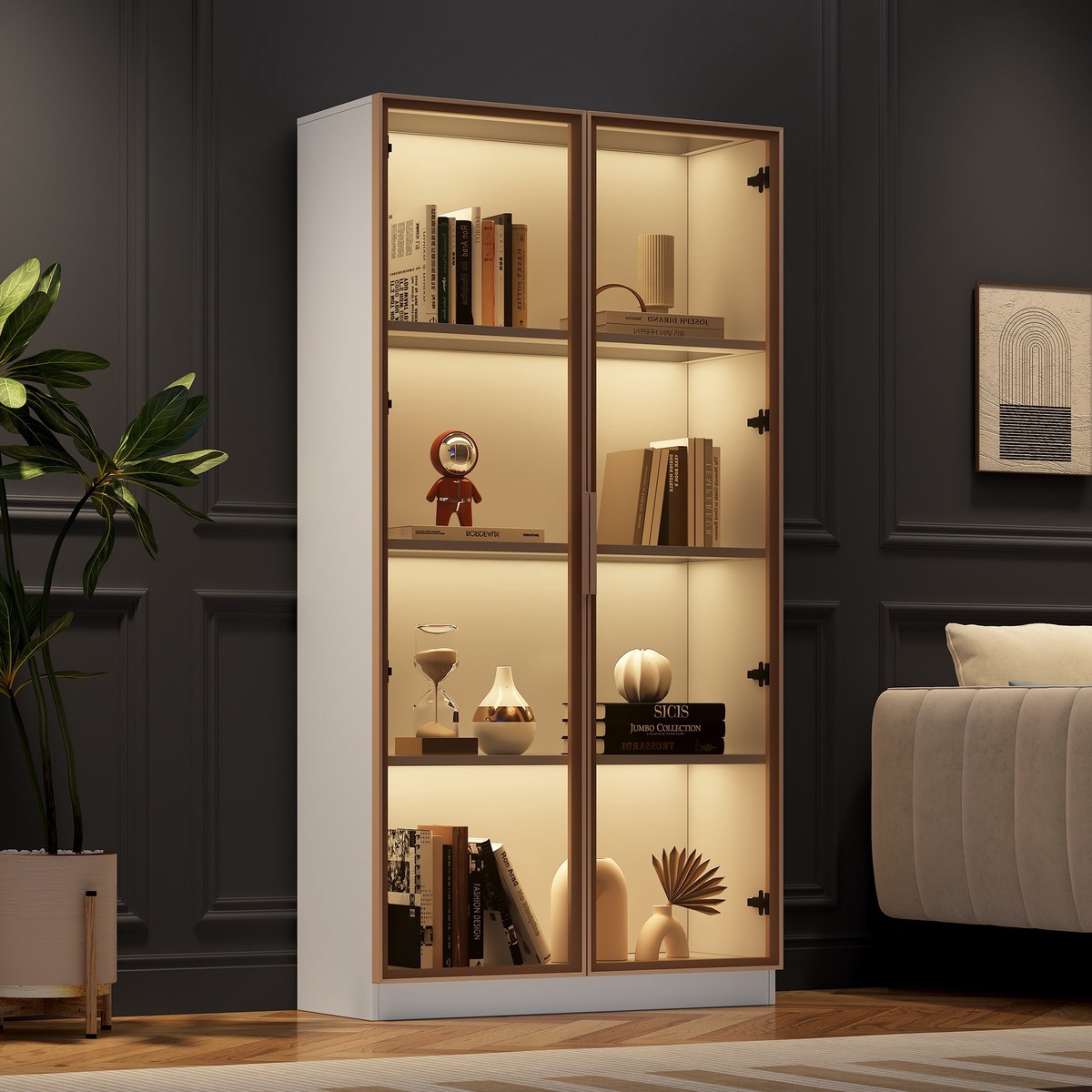 Glass Display Cabinet, 16-Color LED Lighting, Movable Shelves, 80x40x160cm, Freestanding, Glass