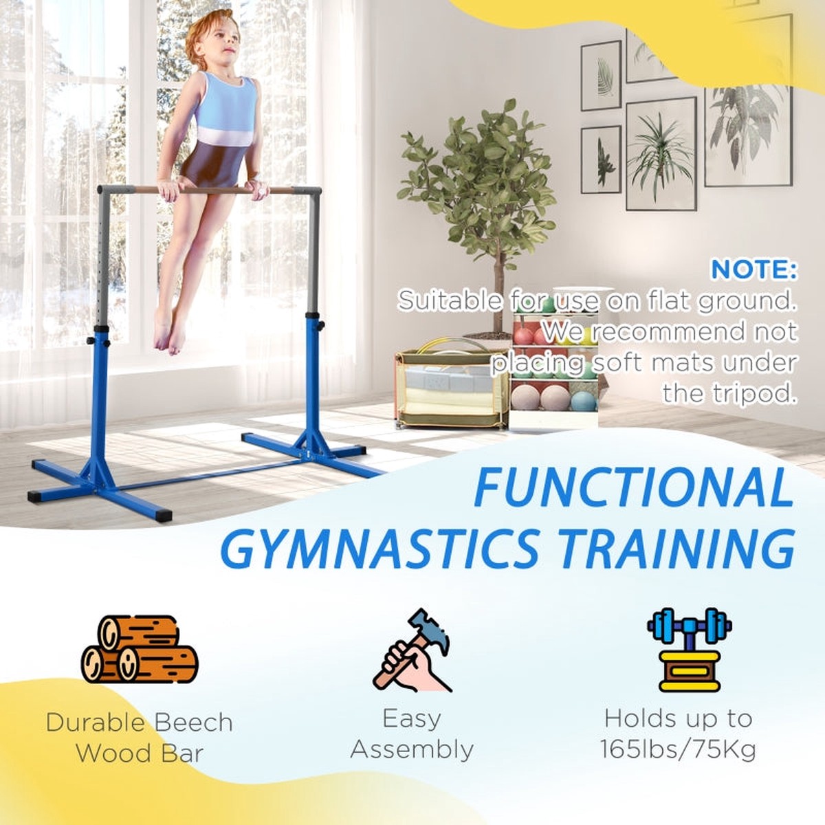 Gymnastics Horizontal Bar, Height Adjustable, Kids Junior Kip, Blue