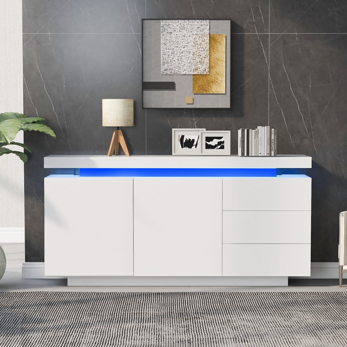 Sideboard Cabinet Modern Living Room with LED Light, 2 Doors 3 Drawers, High Gloss White